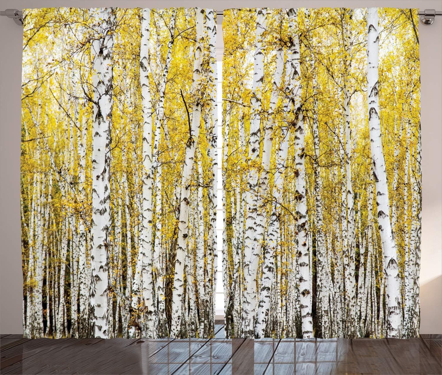Ambesonne Forest Curtains, Autumn Birch Forest Golden Yellow Leaves Woodland October Seasonal Nature Picture, Living Room Bedroom Window Drapes 2 Panel Set, 108" X 84", Yellow Grey