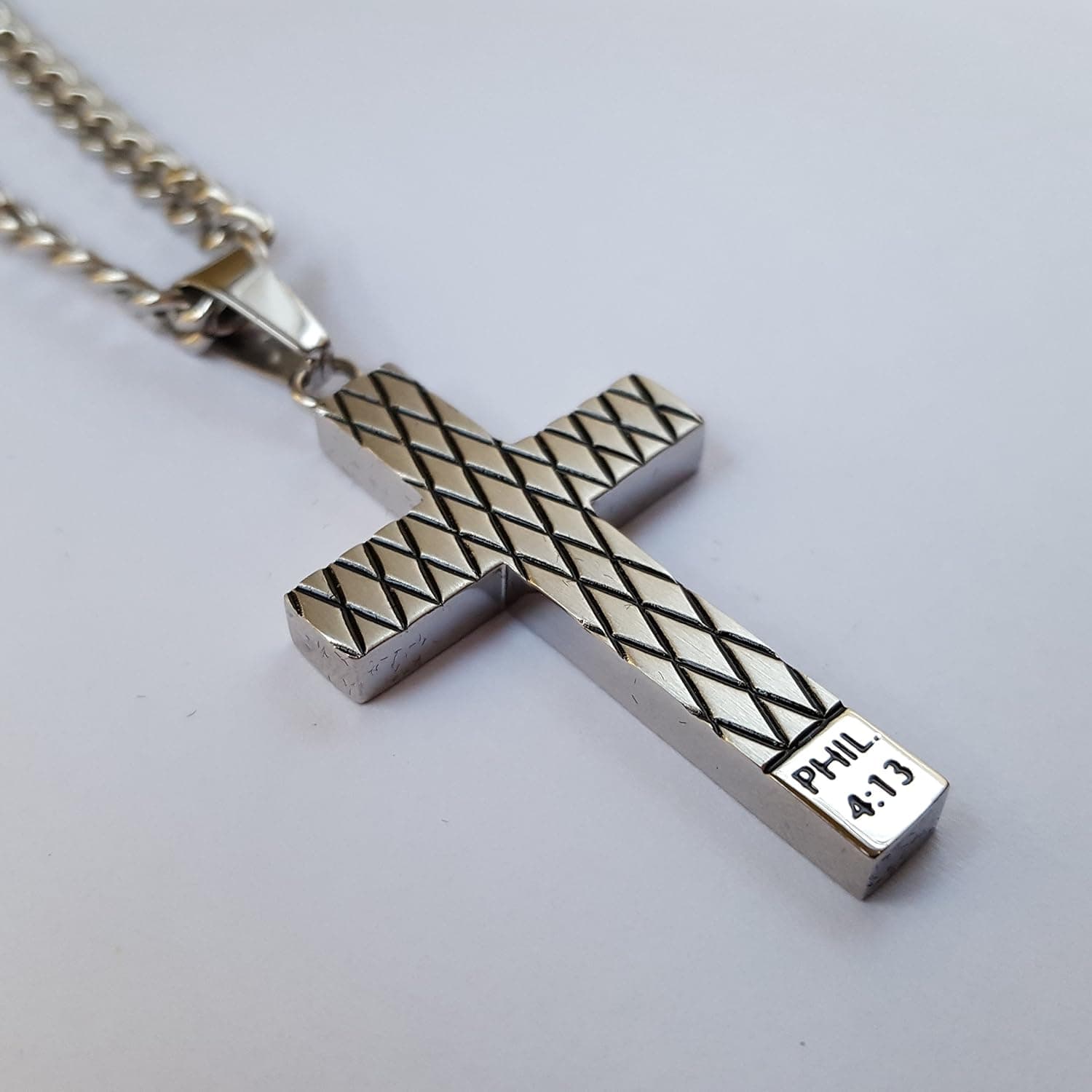 Philippians 4:13 Necklace, Bible Verse Cross STRENGTH, Stainless Steel with Curb Chain