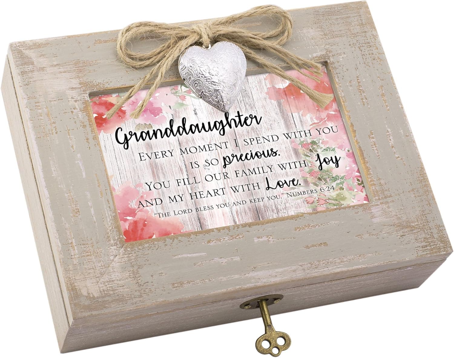 Cottage Garden Granddaughter Heart Love Natural Taupe Wood Locket Music Box Plays How Great Thou Art