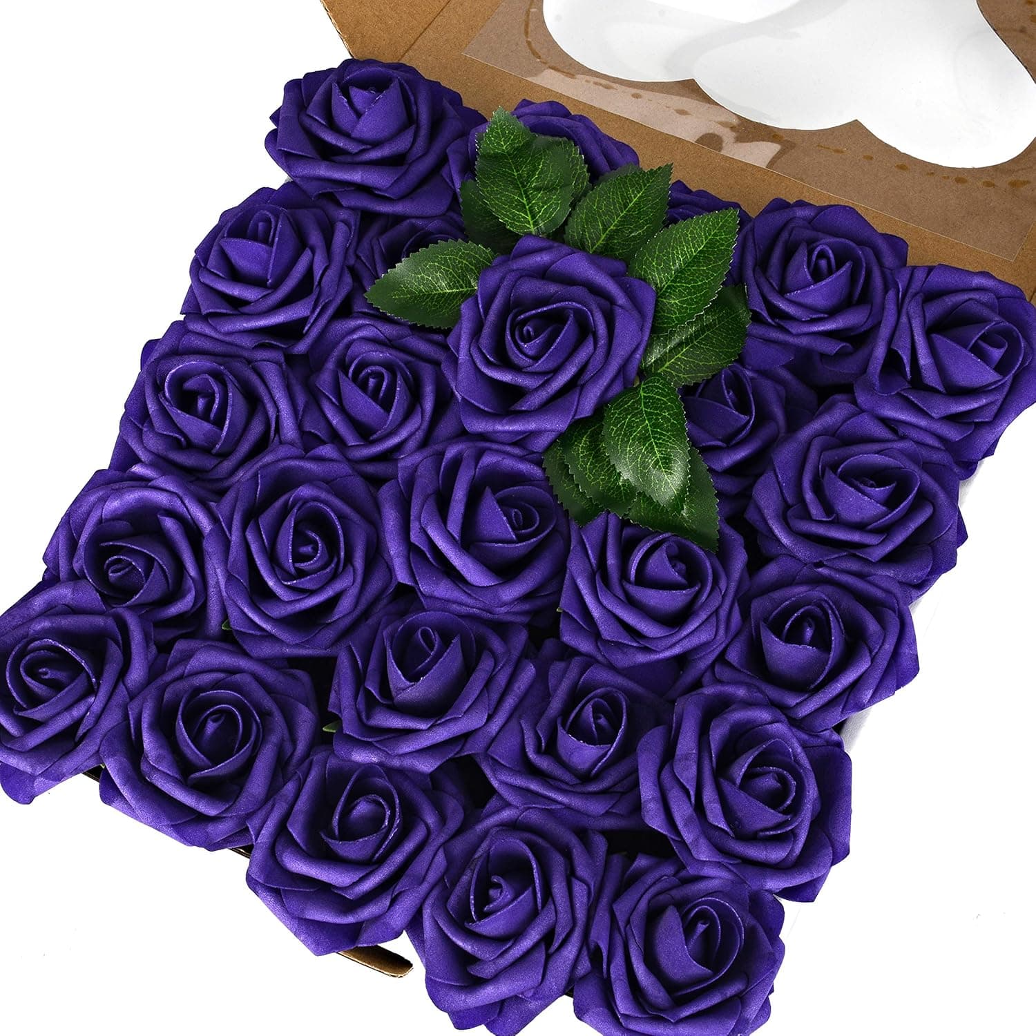 Breeze Talk Artificial Flowers Purple Roses 50pcs Realistic Fake Roses w/Stem for DIY Wedding Bouquets Centerpieces Arrangements Party Baby Shower Home Decorations (50pcs Purple)