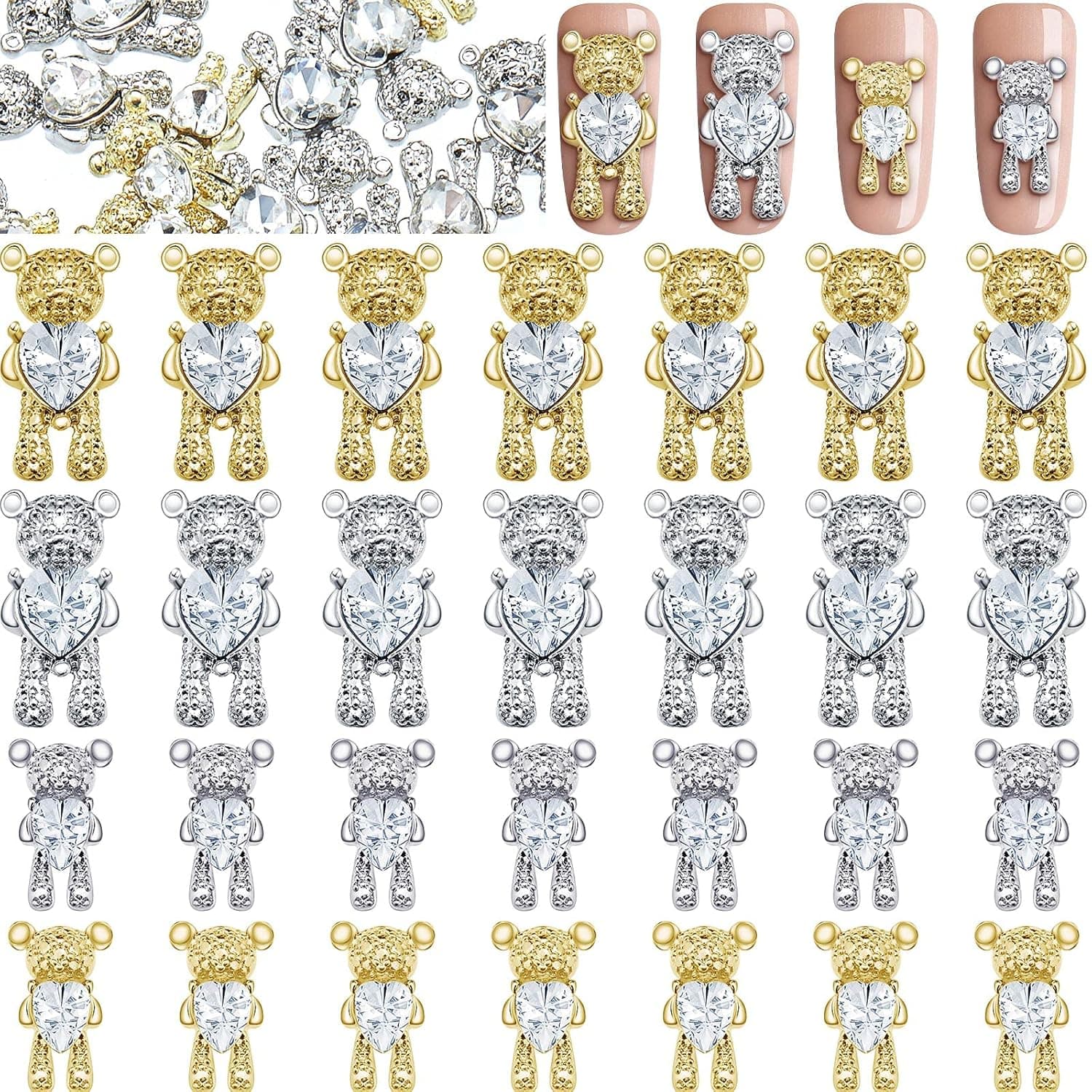 50 Pieces 3D Bear Nail Art Decoration Cute Charms for Nails Crystal Bear Shaped Rhinestones Nail Bear Charms Bear Nail Ornaments DIY Nail Design Decoration for Nail Art, Crafts, Gold and Silver