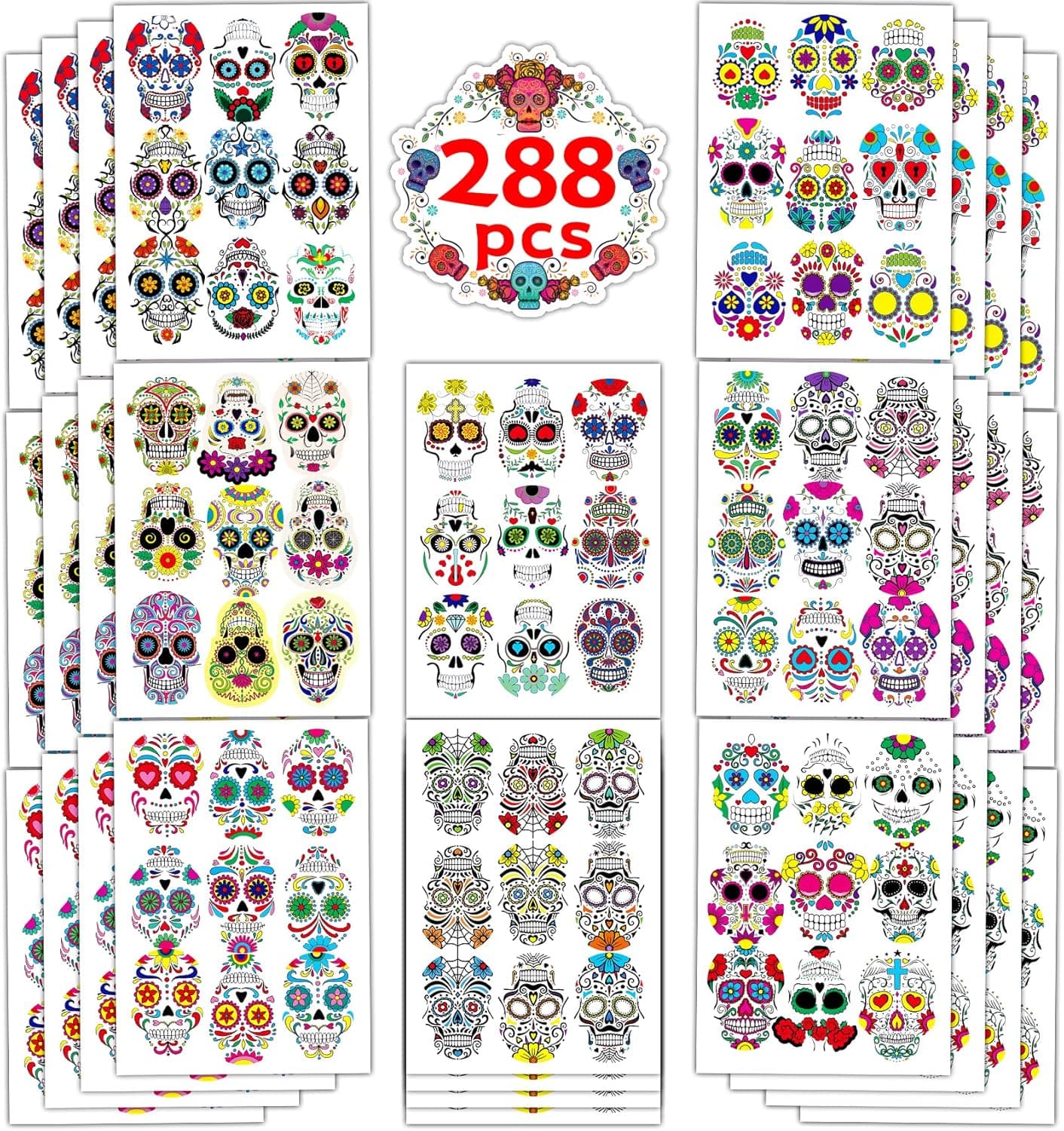 Funnlot Day of The Dead Stickers Dia De Los Muertos Stickers 32 Sheets Sugar Skull Stickers Skull Stickers Mexican Day of The Dead Stickers for Laptop Water Bottle Luggage Halloween Decorations