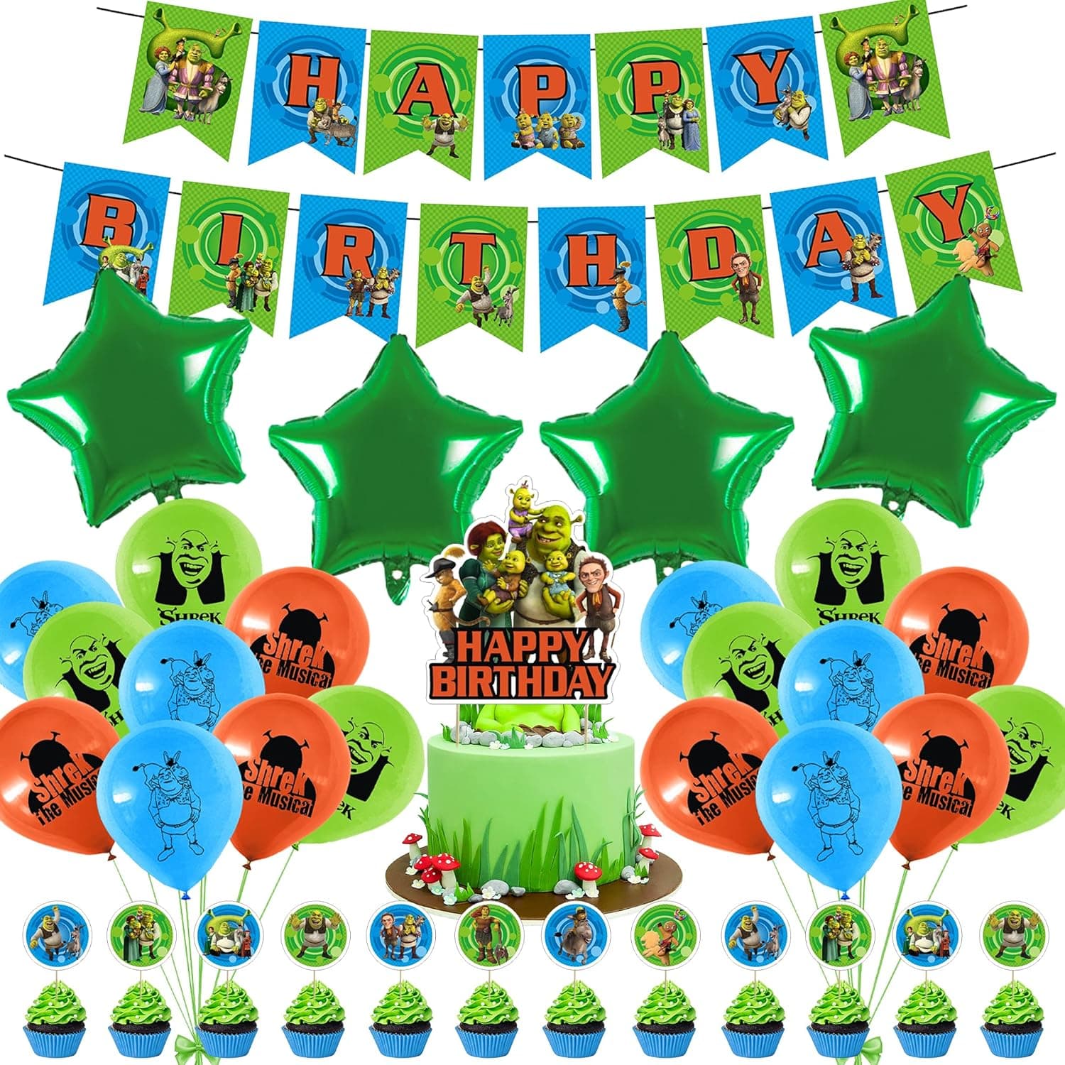 46 Pcs Shrek Party Supplies, Shrek Theme Birthday Party Decorations for Kids Adults with Happy Birthday Banner Cake Topper Cupcake Toppers Balloons