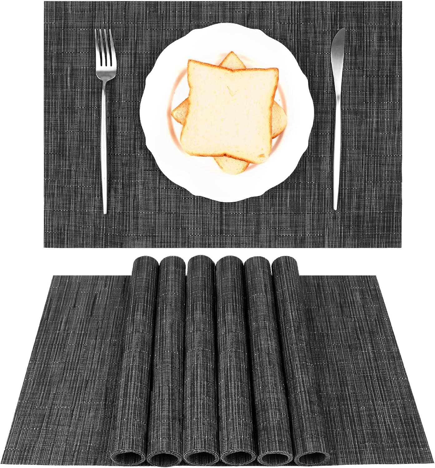YeaBerr Placemats Set of 6, Bamboo Vinyl Woven Wipeable Heat-Resistant Place Mats, Stain Resistant Washable Table Mats for Dining Table Kitchen Indoor Decor, Black