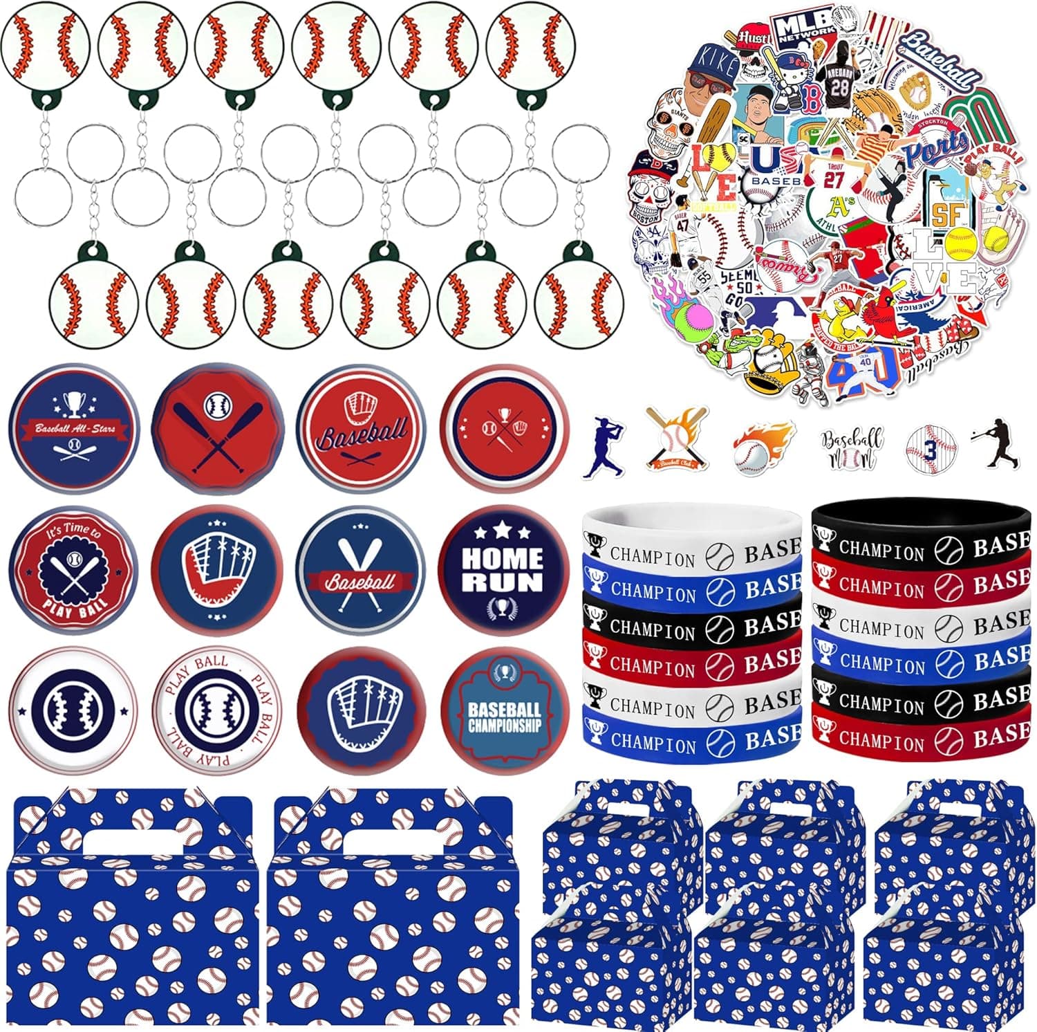 Qwaerplpn 98pcs Baseball Party Favors,Include Baseball Keychains,Silicone Bracelets,Button Badges,Treat Boxes and Stickers for Baseball Theme party Supplies