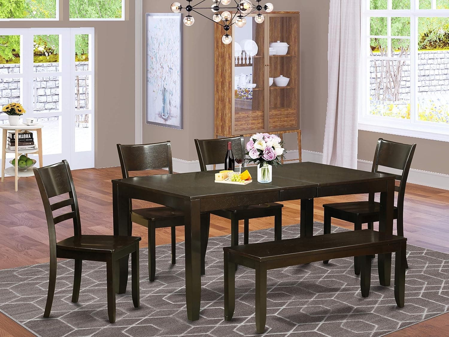 East West Furniture LYFD6-CAP-W 6-Piece Dining Room Table with Bench, Cappuccino Finish, Wood Seat