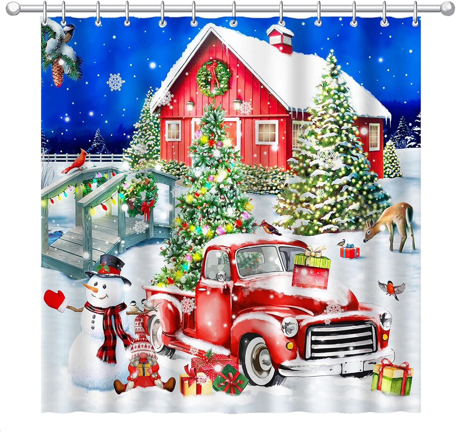 Hexagram Christmas Shower Curtain 72x72 inch, Christmas Red Truck Snowman Shower Curtains for Bathroom Bathtubs Decor, Holiday Farmhouse Xmas Winter Shower Curtain Sets with Hooks