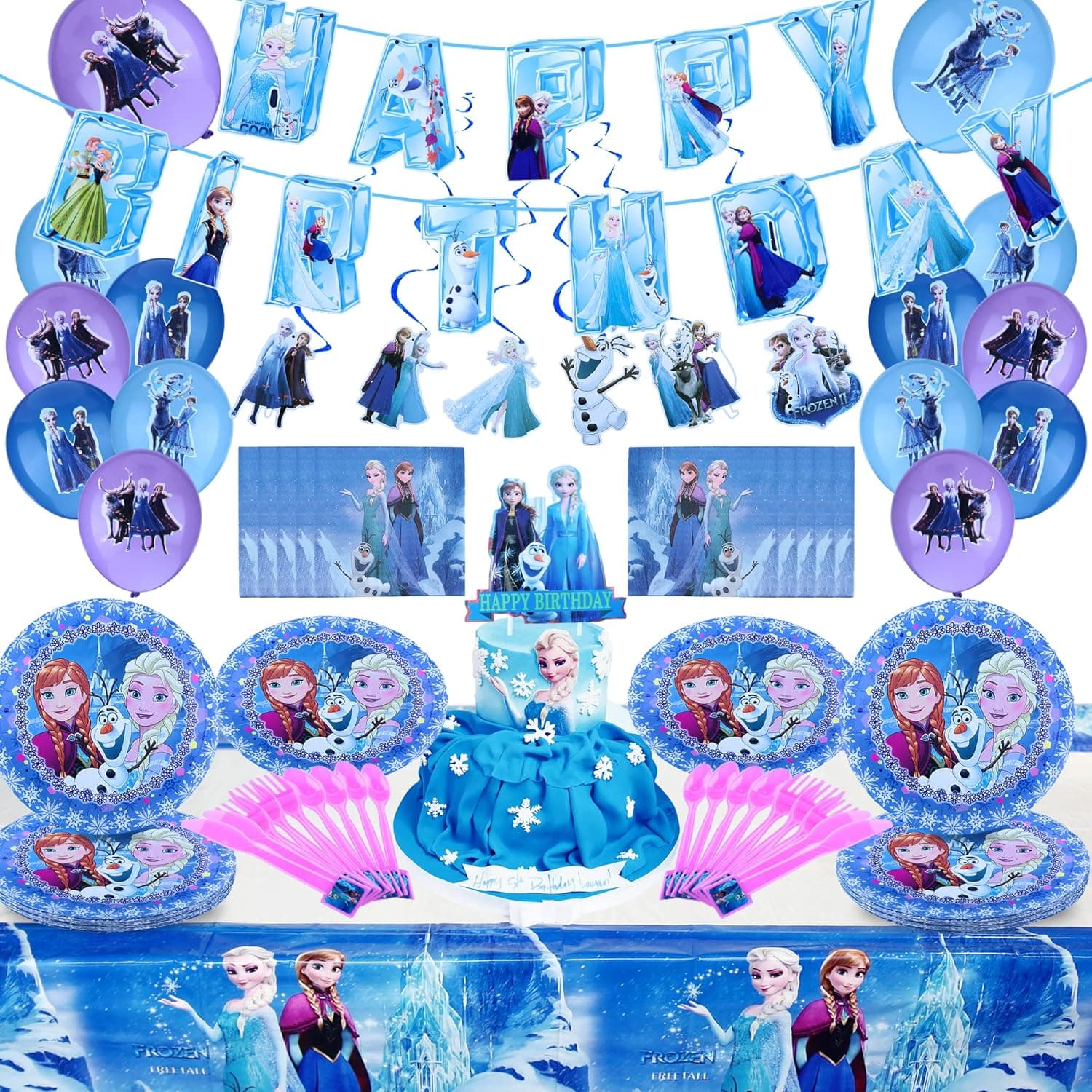 Fro-zeen Birthday Party Supplies Party Decorations Include Happy Birthday Banner, Tablecloth, Balloons, Hanging Swirls, Tablecloth, Cake Topper, Knives, Spoons, Forks Party Decorations for Girls