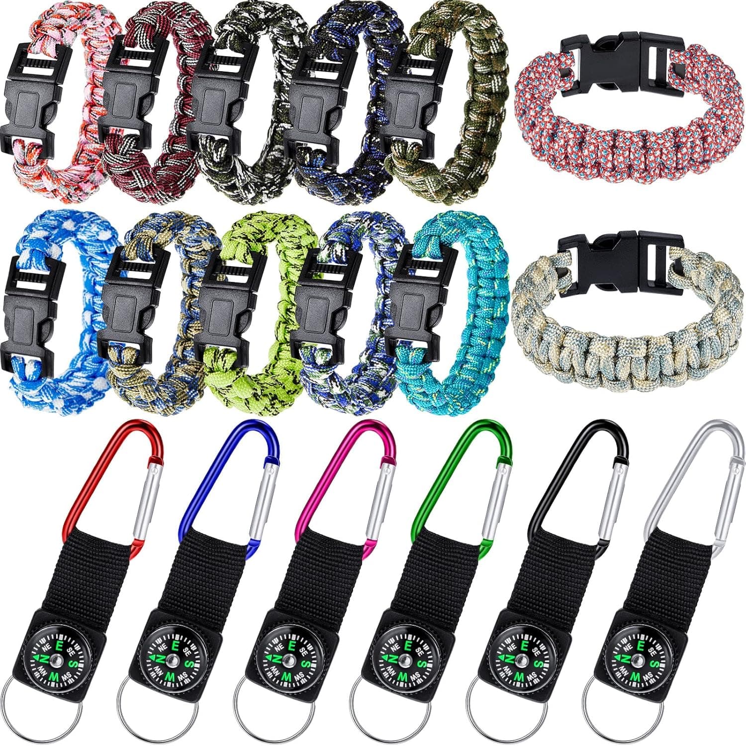 18 Pieces Camo Party Kits Including 12 Pieces Paracord Bracelets Survival Tactical Bracelet and 6 Pieces Compass Keychain Belt Clips for Boys Men Camping Hiking Climbing Outdoor Party Favors