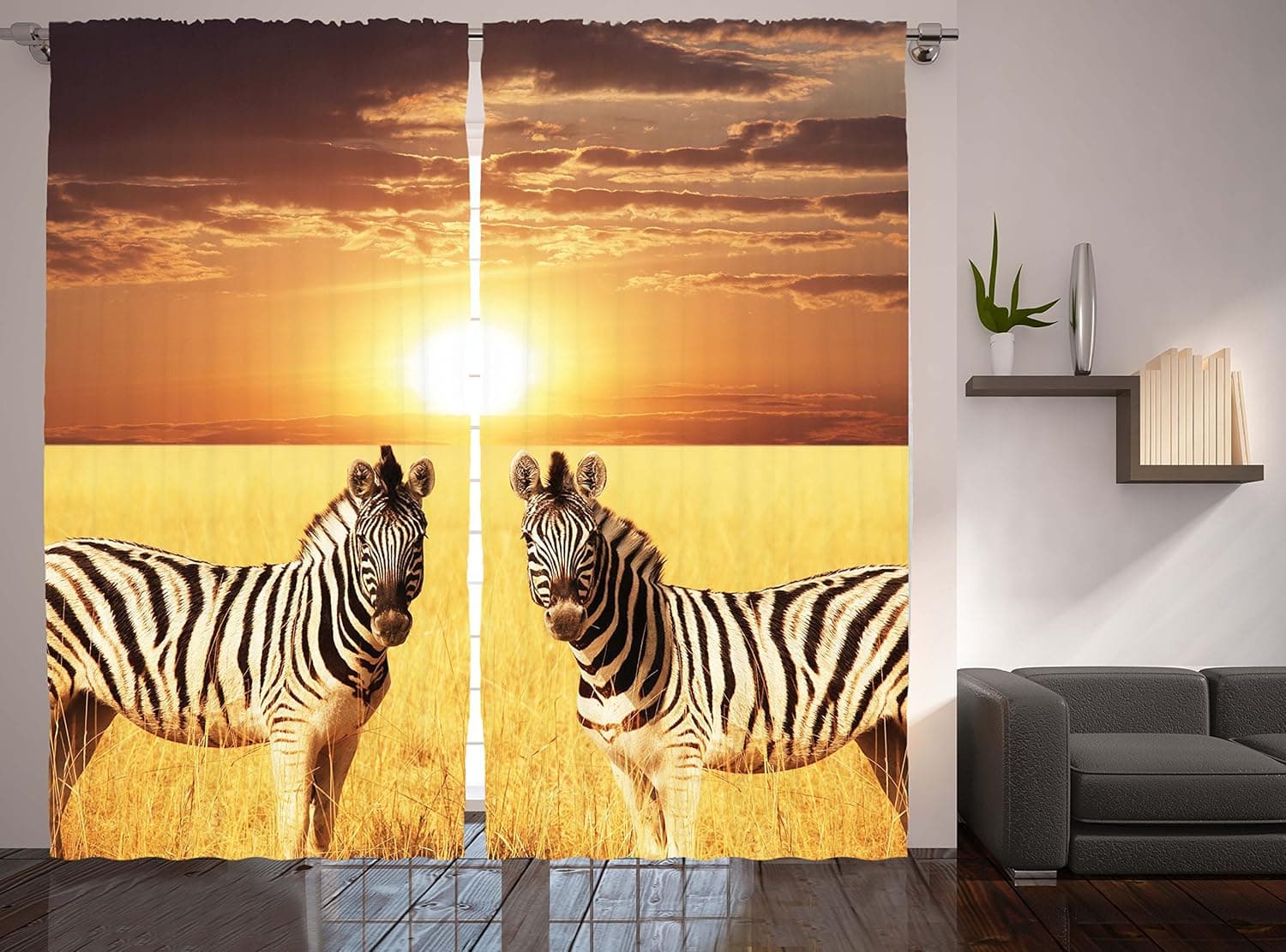 Zebra Print Decor Safari Savanna Sunset African Safari Serengeti Tanzania National Park Wild Animals Wildlife Golden Sun Bedroom Living Kids Room Curtain 2 Panels Set, Orange Brown Yellow Beige Black