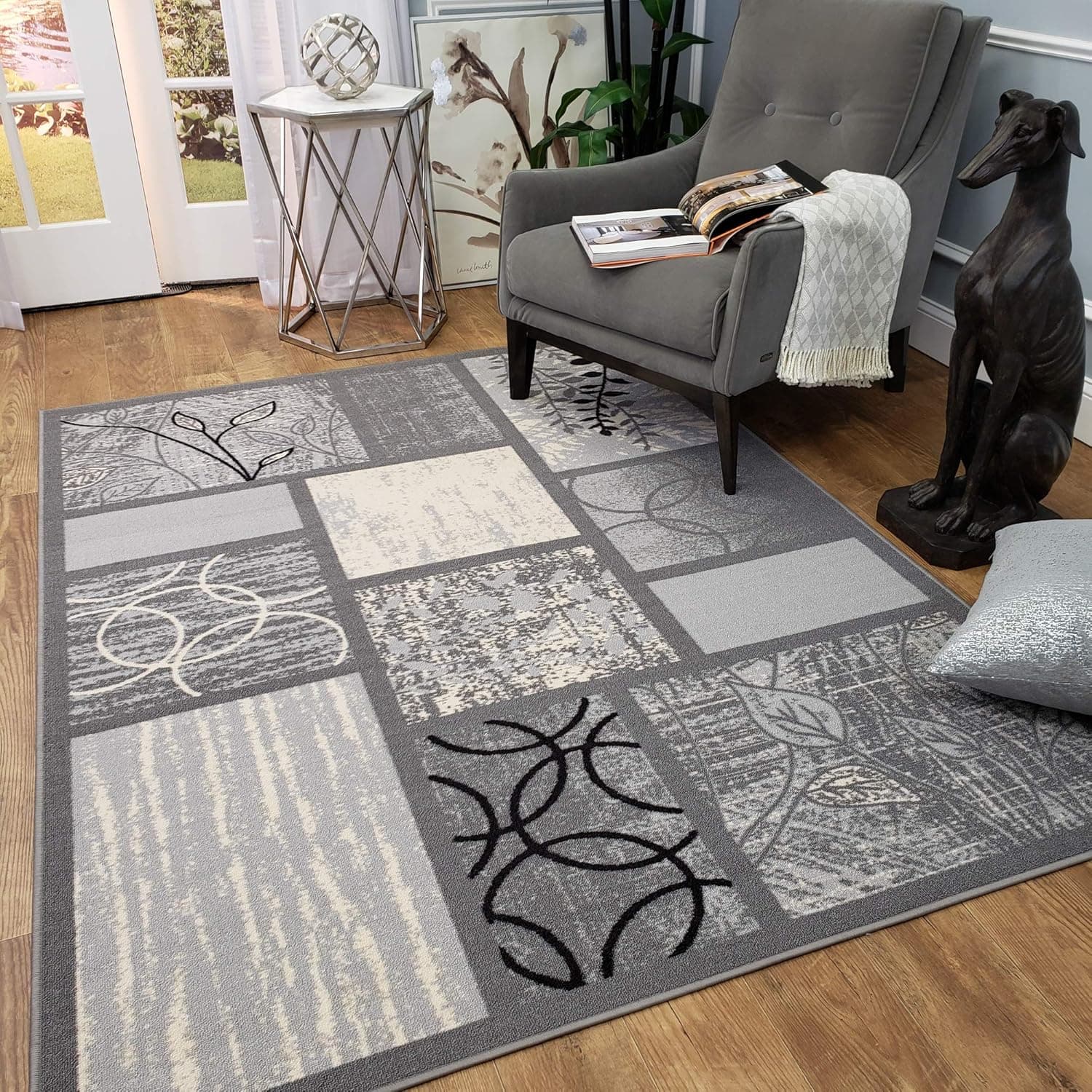 Indoor Doormat Rubber Backed,30 inch x 18 in, Grey Geometric, Non Slip, Kitchen Rugs and Mats