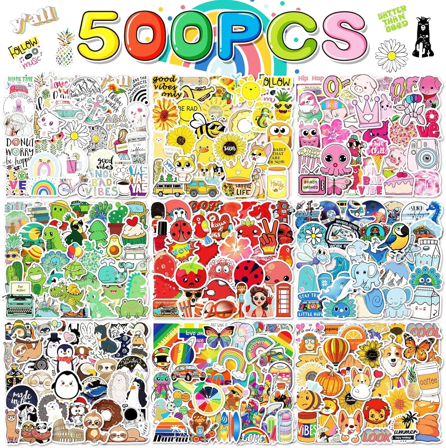 500pcs Cool Stickers for Adults, Aesthetic Stickers for Water Bottles, Bulk Stickers Decals for Skateboard, Rock Stickers Bomb Pack for Travel Case, Guitar, Car Bumper, Helmet, 2.5~3.5"