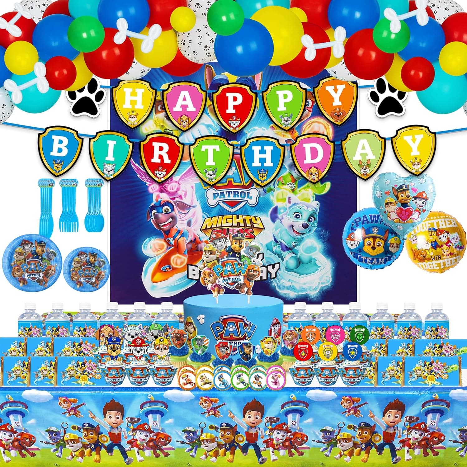 YAOOA Paw Dog Birthday Party Supplies, 205 Pcs Party Decorations, Banner, Backdrop, Tableware, Balloon, Cake Topper, Bottle Label, Wrapper, Sticker, Tablecloth