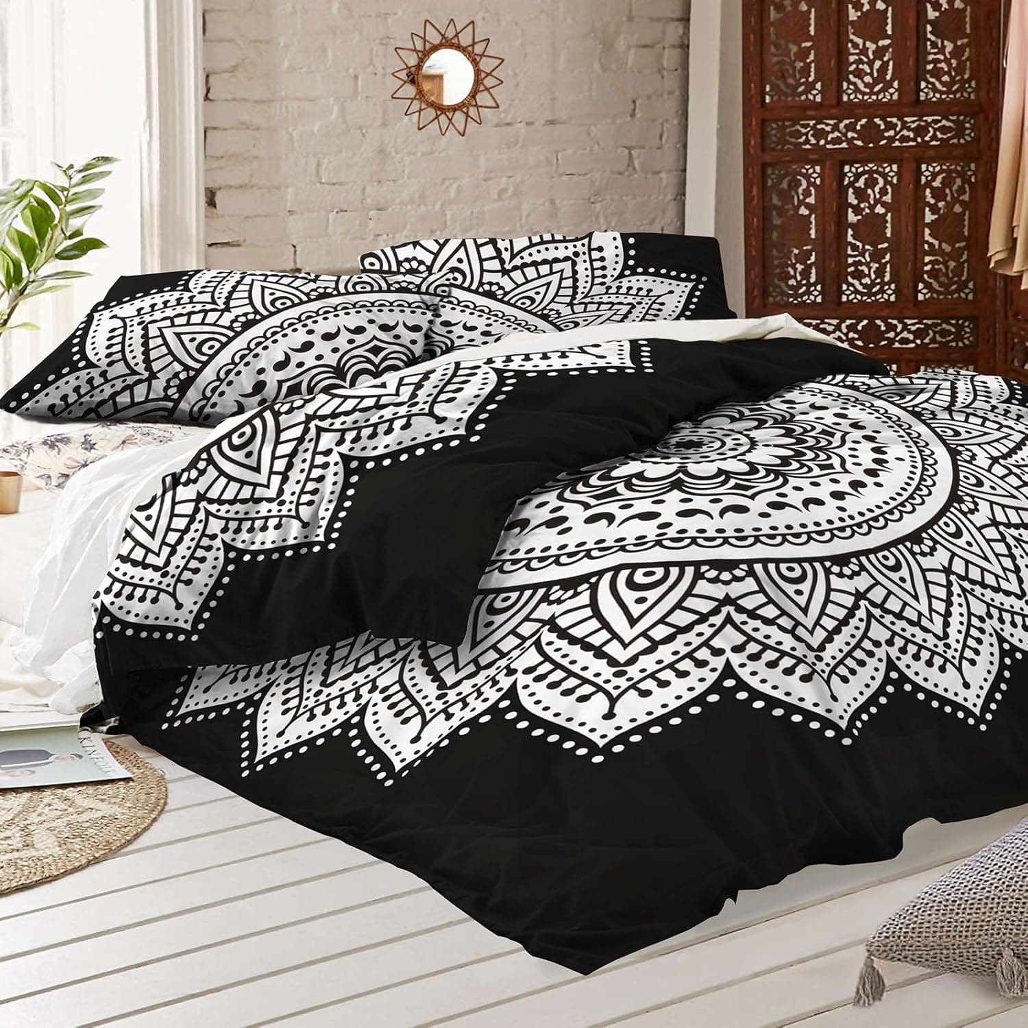 RawyalCrafts Black and White Mandala Duvet Cover with Two Pillow Covers - Bohemian Doona Set- Indian Reversible Quilt Cover