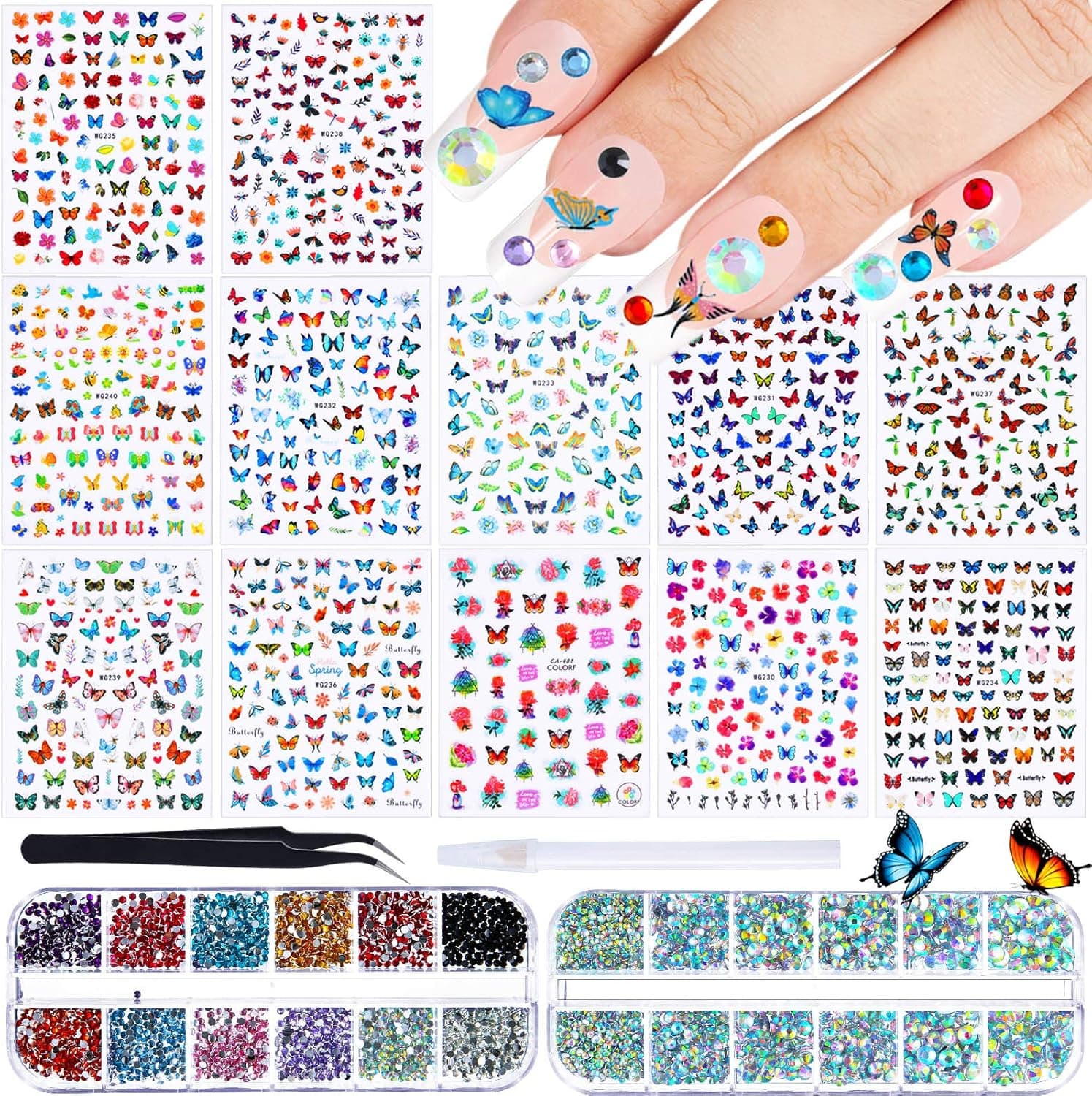 12 Sheets Butterfly Nail Decals Flower Butterfly Nail Art Stickers and 4 Boxes Nail Art Rhinestones Diamond Crystal Bead Gems with Tweezers and Rhinestone Picking Pen for Nail Art Decoration