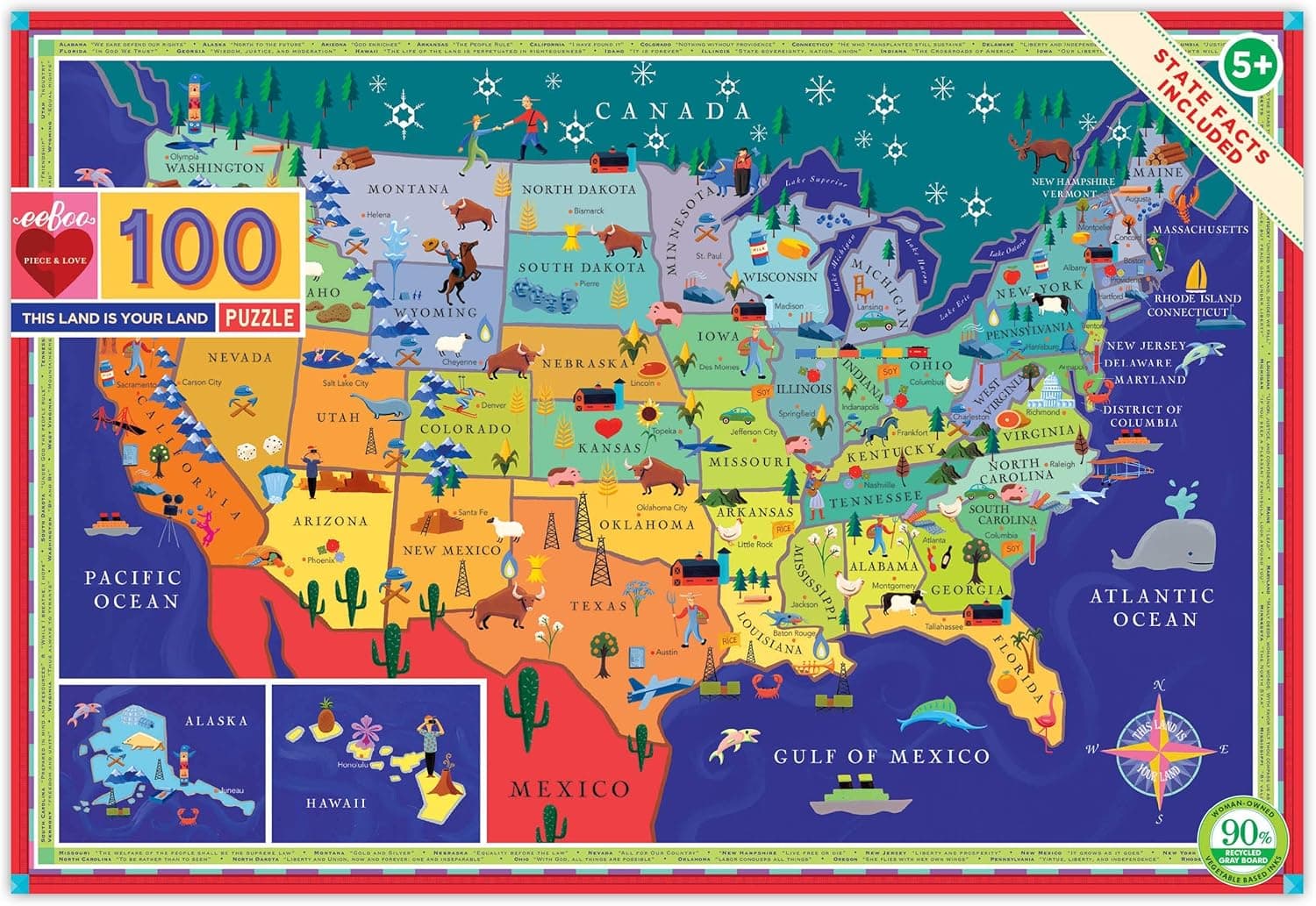 eeBoo: This Land is Your Land 100 Piece Puzzle, Allows Children to Learn Key Industries and Wildlife Associated with each State, Makes Learning Fun, Perfect for Ages 5 and up