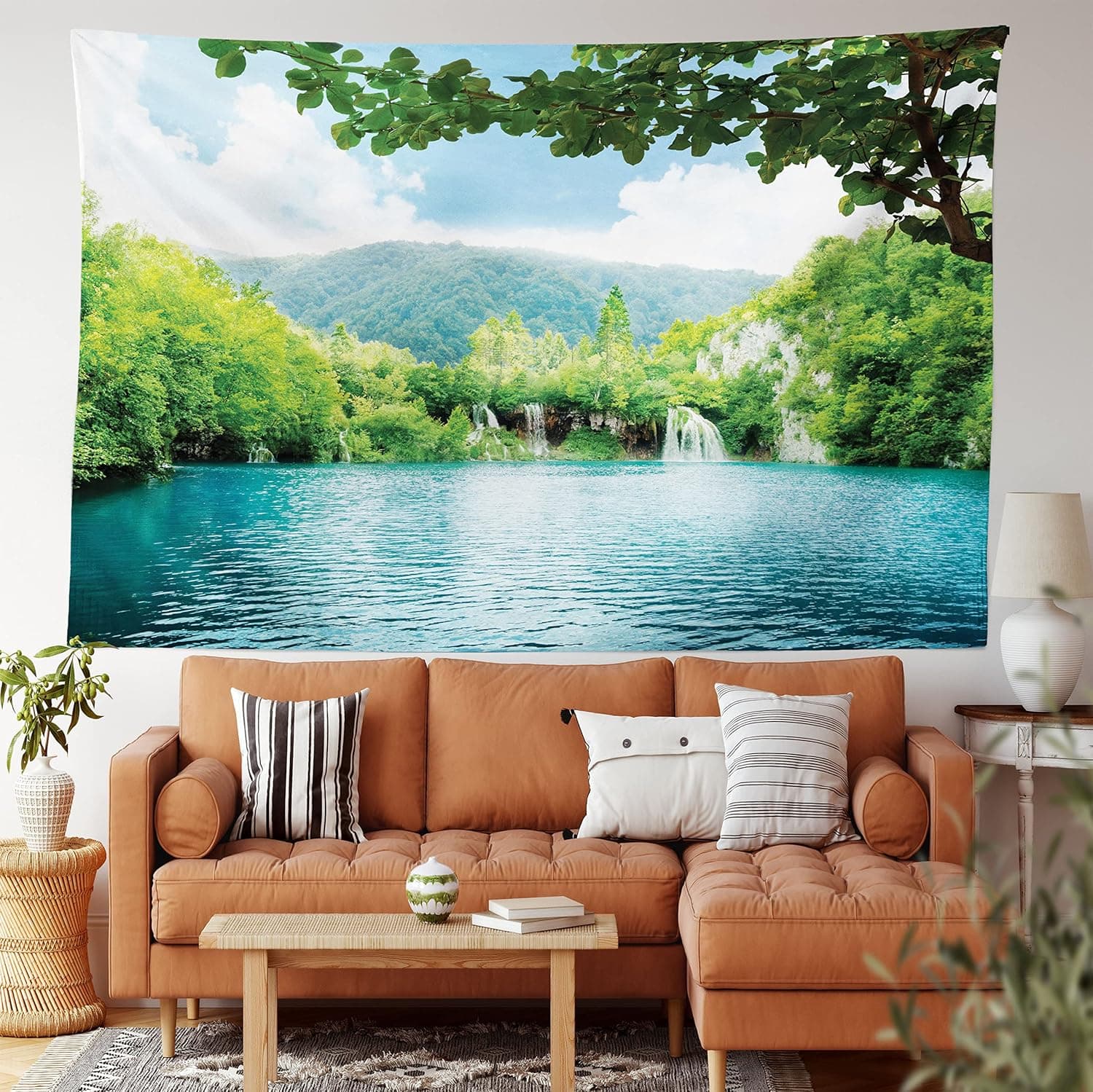 Ambesonne Rustic Tapestry, Lake in Deep Forest Fed by Several Waterfalls in Summer Idyllic View Print, Wide Wall Hanging for Bedroom Living Room Dorm, 80" X 60", Blue Green