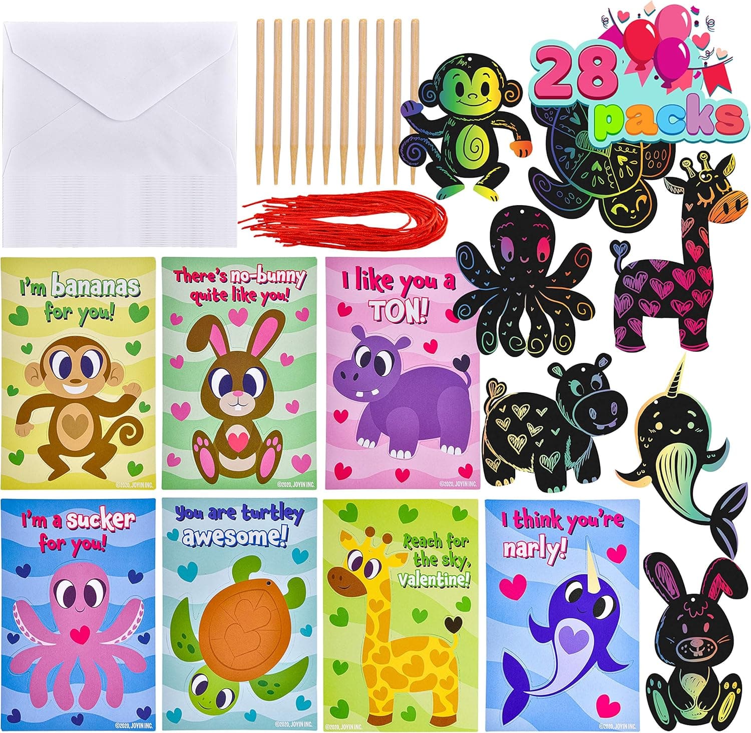JOYIN 28 Pcs Valentines Day Gifts Cards Animal Scratch off Cards with Stickers for Kids Valentines Day Party Favor Crafts & Art Classroom Exchange Prizes and Exchange Gifts