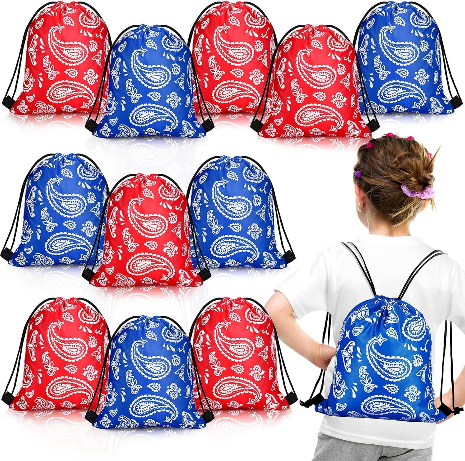 Woanger Western Bandana Drawstring Bags Cowboy Party Favors Red and Blue Bandana Print Drawstring Bag Goodie Candy Treat Backpacks for Kids Boys Western Cowboy Themed Party Supplies (20 Pieces)