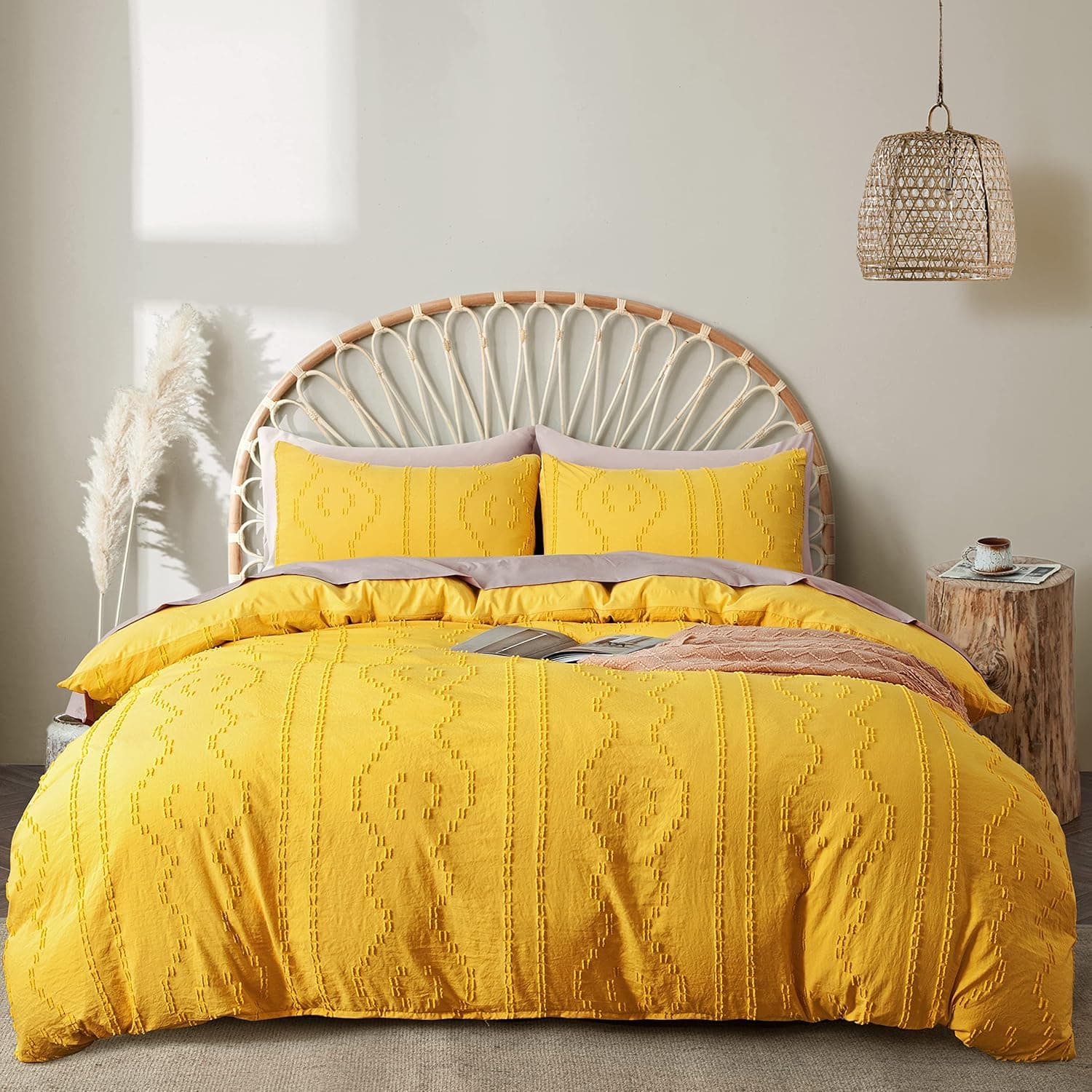 BEDAZZLED Duvet Covers Queen Size,3pcs Soft and Embroidery Shabby Chic Boho Bedding Sets,100% Washed Microfiber Tufted Comforter Cover Set,Yellow