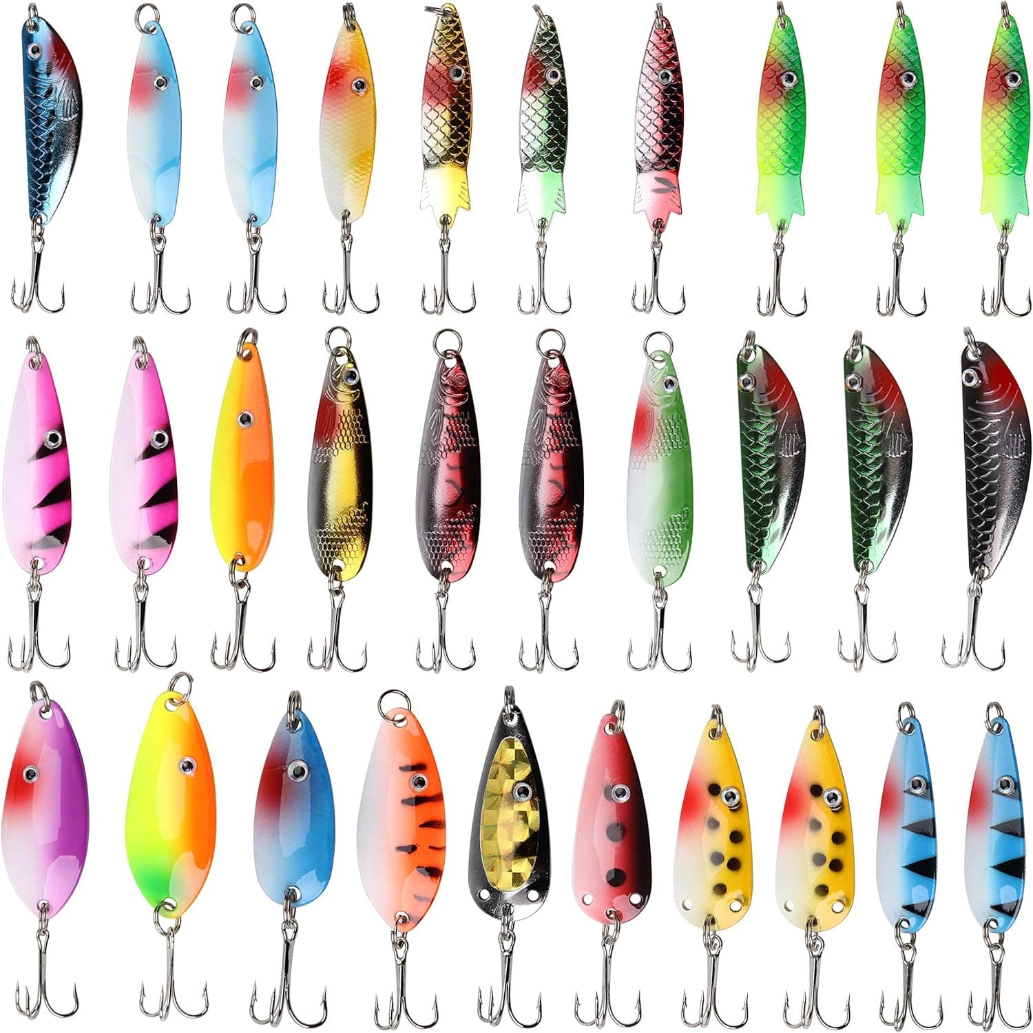 Fishing Spoons Metal Lures Kit,30Pcs Colorful Hard Spinner Baits Salmon Trout Casting Trolling Spoon Lures Freshwater Treble Hooks with Tackle Box