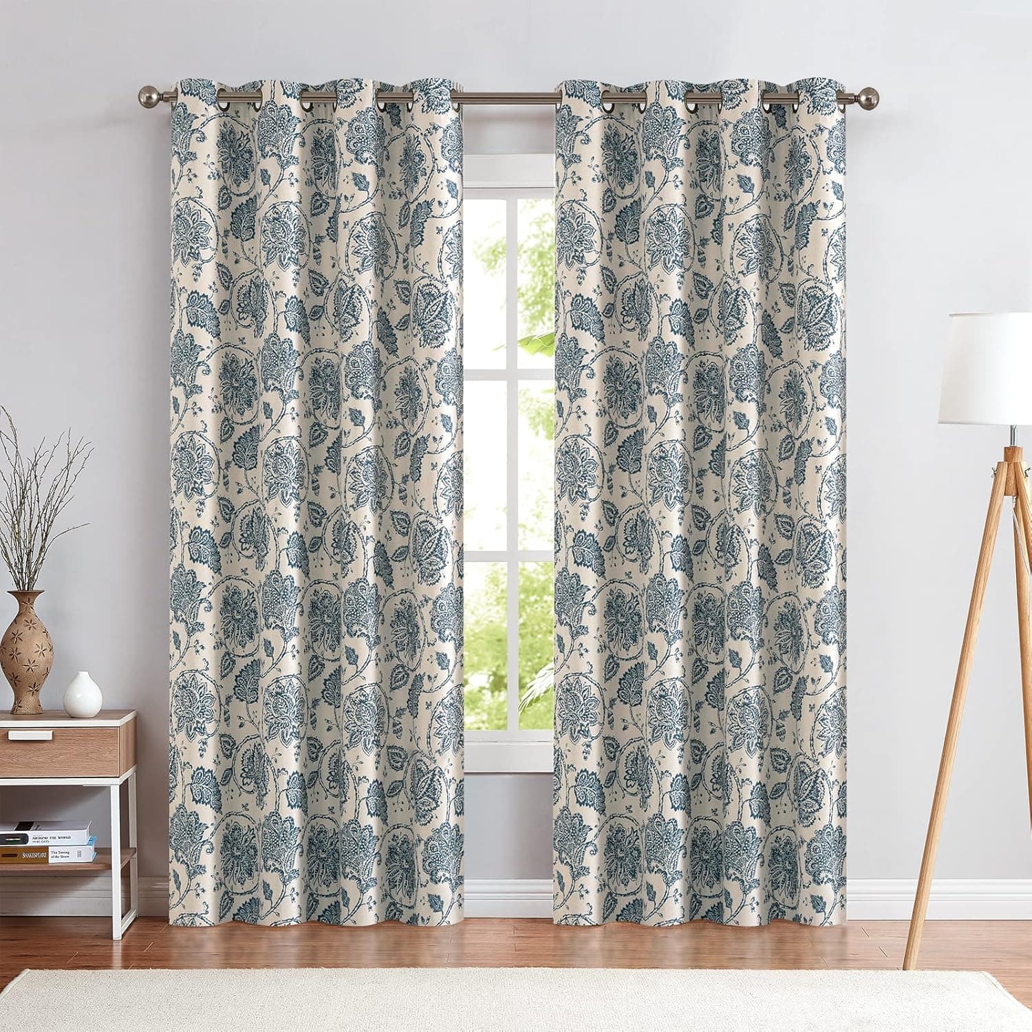 jinchan Floral Linen Textured Curtains Scroll Printed Blue Curtains for Bedroom Ikat Flax Medallion Room Darkening Curtains for Living Room Insulated Curtains Grommet 96 inch Long 2 Panels Drape