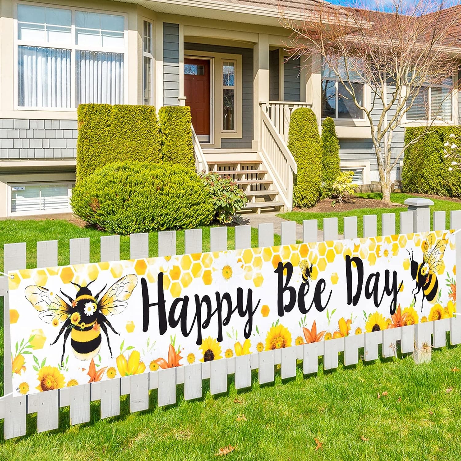 Large Happy Bee Day Banner - 19'' x 118'' Bumble Bee Birthday Party Decorations for Kids 1st B-Day Honey Bee Party Supplies Big Fence Yard Sign Outdoor Photo Background