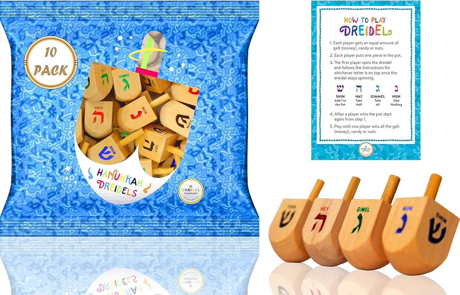 The Dreidel Company Hanukkah Wooden Dreidels Medium Sized With English Translation (10-Pack) - Instructions Included!