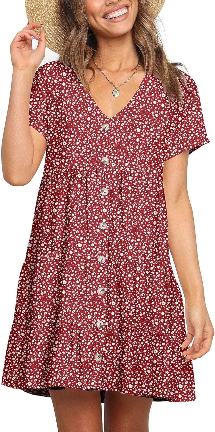 liher Women's Polka Dot V Neck Button Dress Summer Casual Loose Pleated Swing Dresses