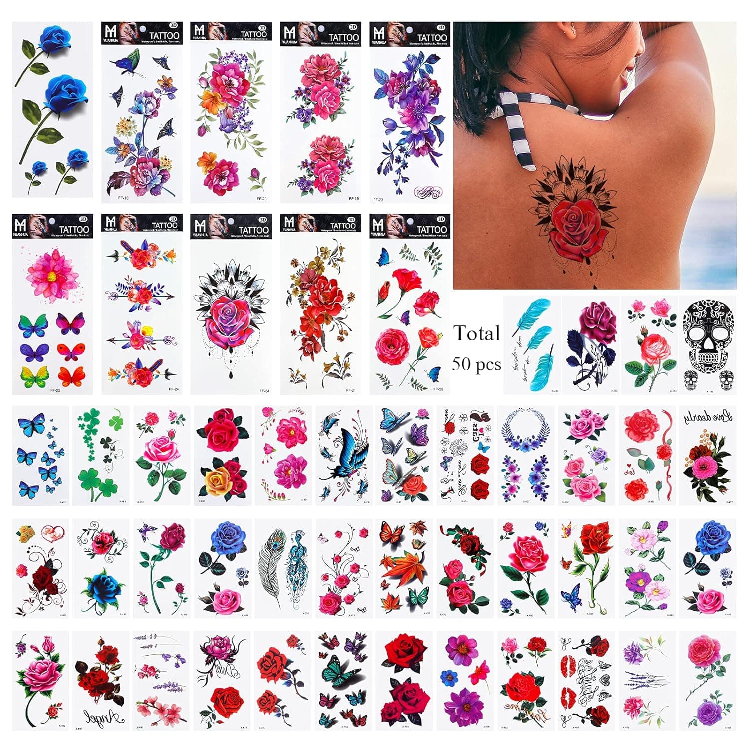 Lady Up 40+10 Sheets Temporary Tattoos Mixed Style Multi-colored Two Sizes Butterflies Roses Flowers Collection for Women Men Kids Body Art