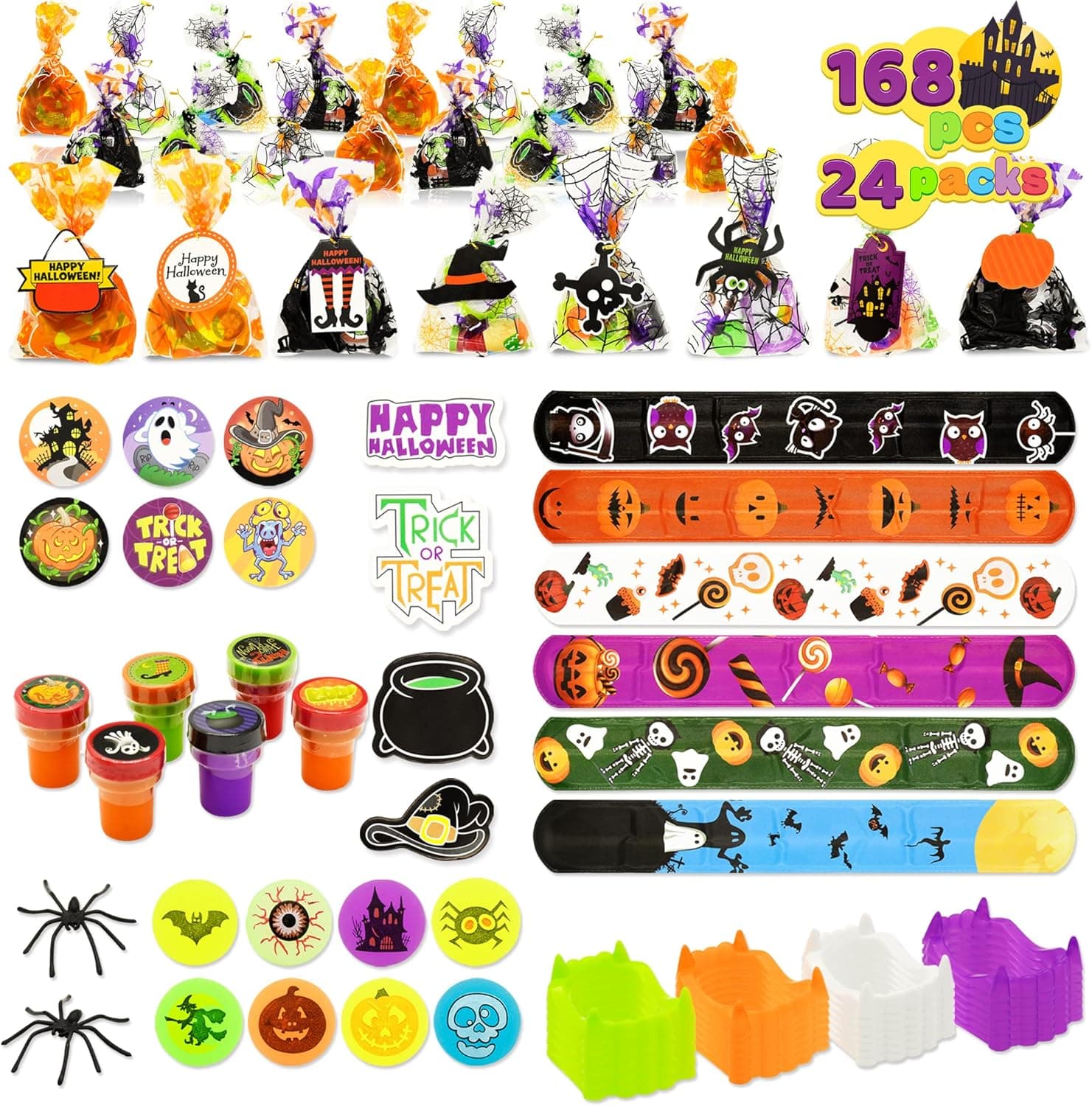 168 Pcs Halloween Party Favors Set, 24 Pack Prefilled Goody Bags with Halloween Gift Tag Including Vampire Teeth, Spiders, Stamps, Stickers, Slap Bracelets for Kids Trick or Treat, Gift Exchange