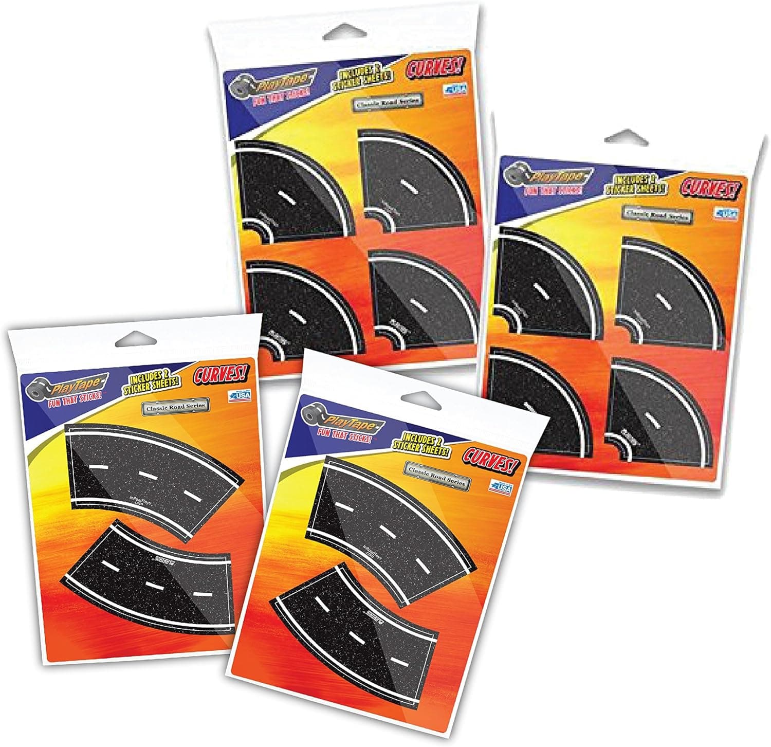PlayTape 2" Broad & Tight Curves Bundle - 2 Packs of Each (24 Total) - Road Car Tape Great for Kids, Sticker Roll for Cars and Train Sets, Stick to Floors and Walls, Quick Cleanup