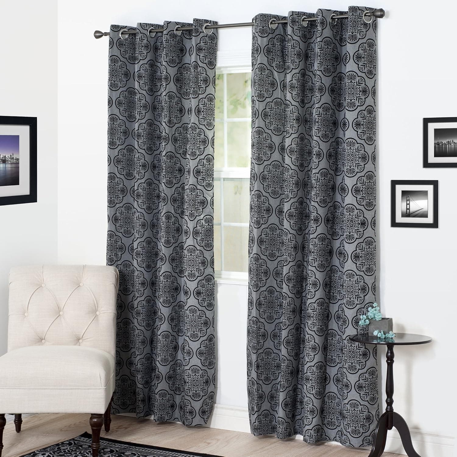 Lavish Home Dana Flocked Curtain Panel, 95", Charcoal