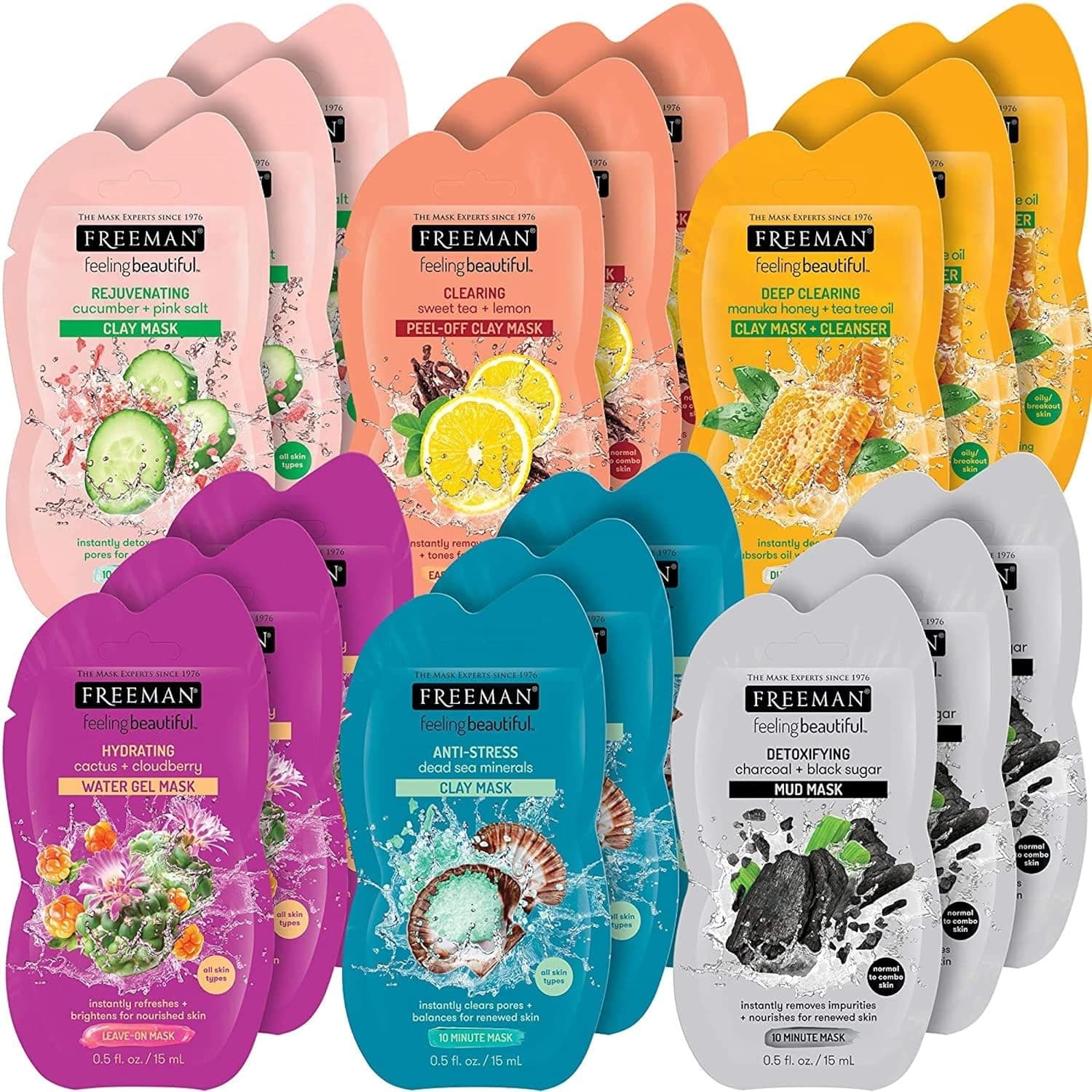 FREEMAN Facial Mask Variety Pack: Clay, Gel, Mud, & Peel-Off Skincare Masks, Hydrating, Detoxifying, Clearing, & Rejuvenating, Travel-Friendly Sachets, 18 Count