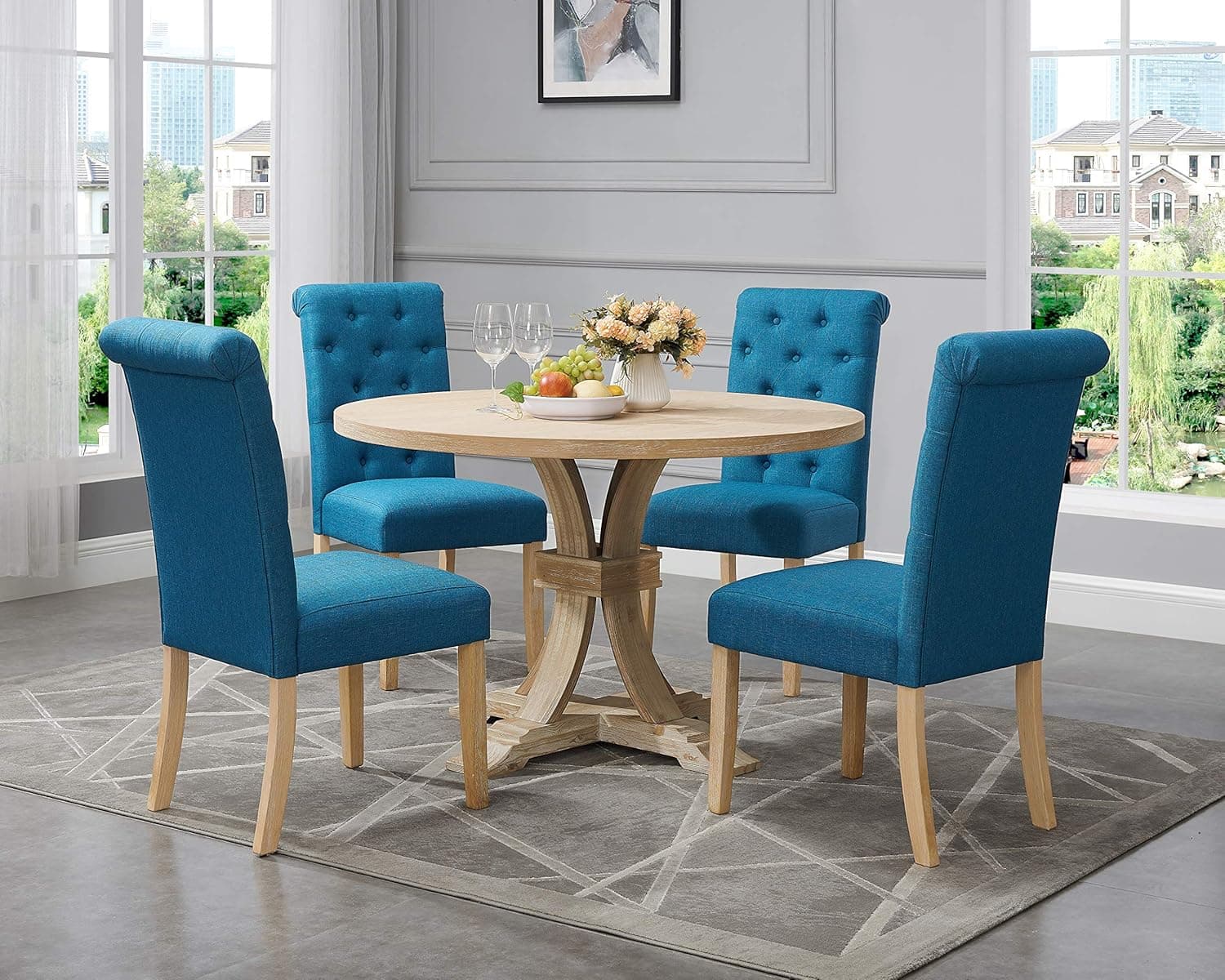 Roundhill Furniture Siena White-Washed Finished 5-Piece Dining Set, Pedestal Round Table with Upholstered Chairs, Blue