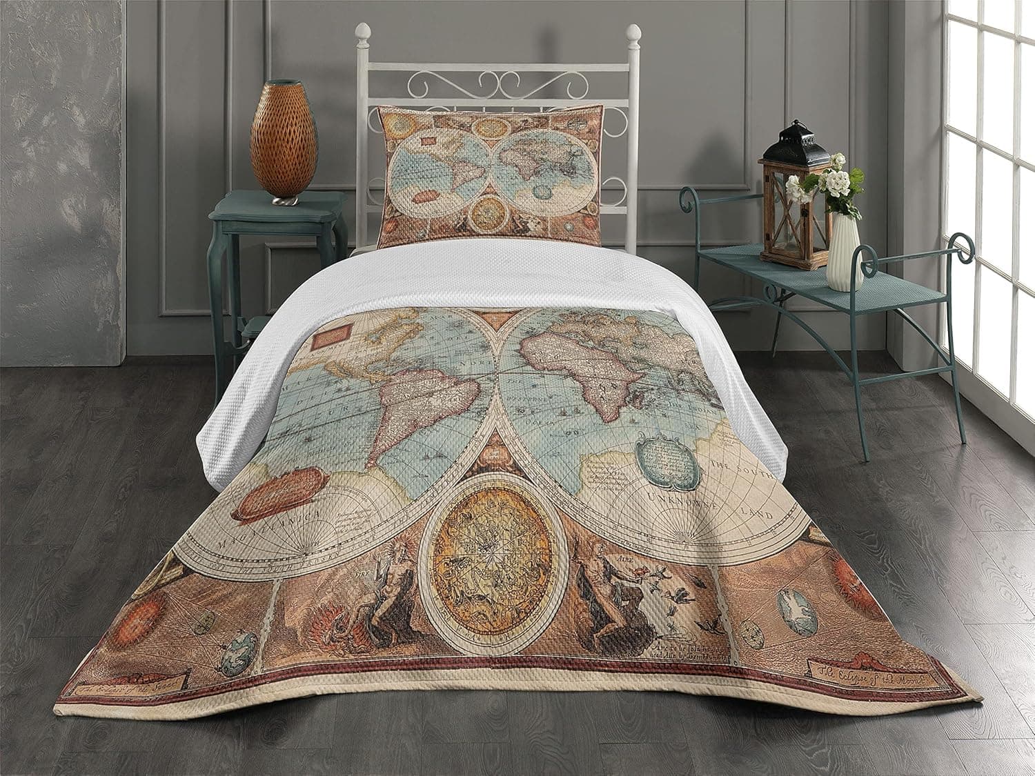 Lunarable Vintage Coverlet Set Twin Size, Old Detailed World Map Geography Theme Historic Grunge Illustration, 2 Piece Decorative Quilted Bedspread Set with 1 Pillow Sham, Blue Redwood
