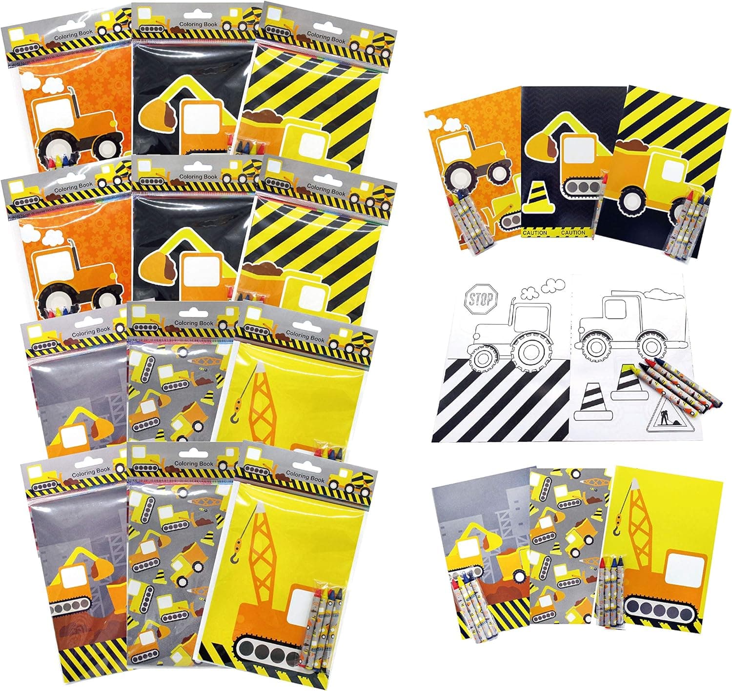 Tiny Mills Construction Trucks Coloring Book with Crayons Party Favors, 12 Coloring Books and 48 Crayons Birthday Party Supplies ConstructionParty Favor Bag Fillers