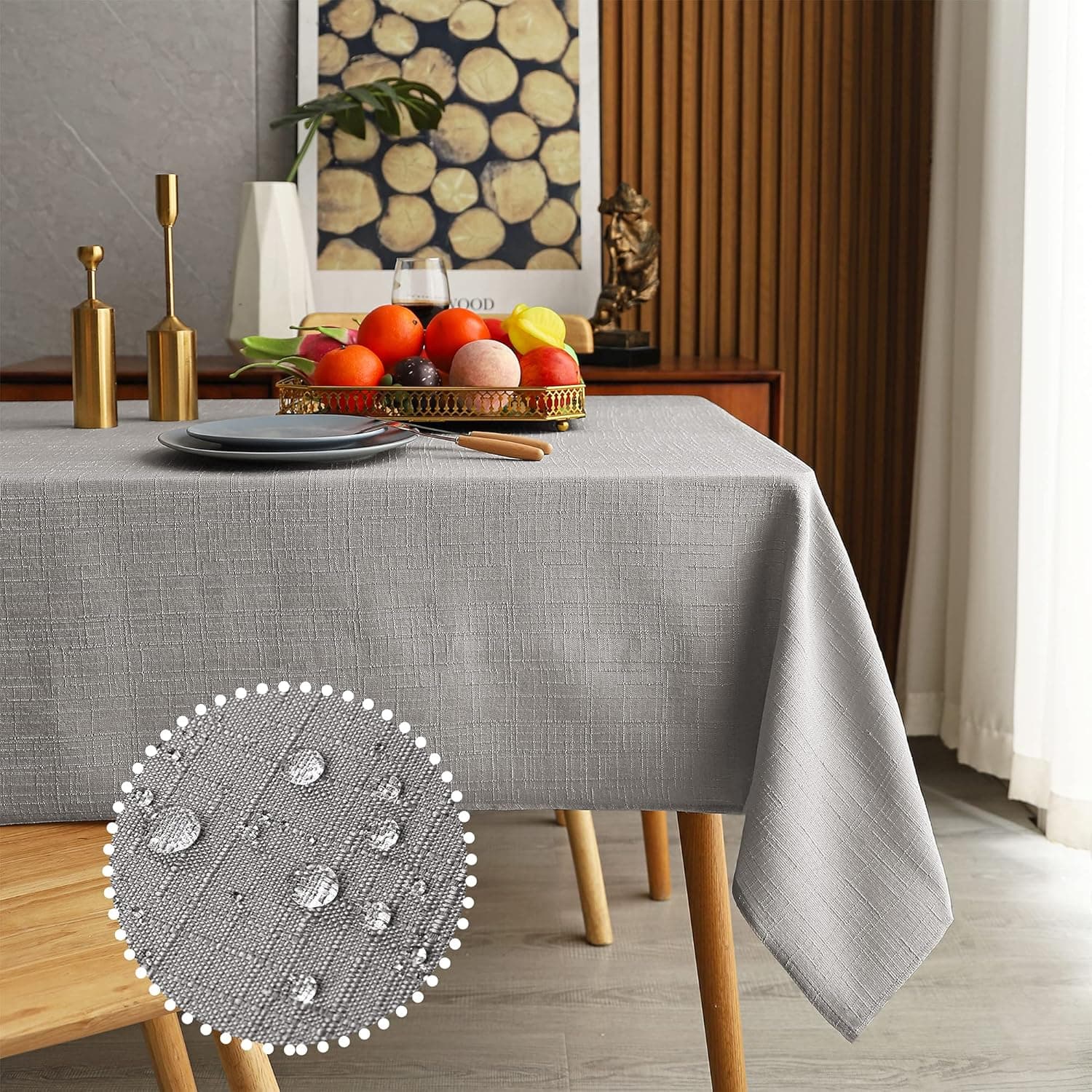 MikiUp Faux Linen Rectangle Tablecloth - Waterproof and Washable Slubby Textured Weaves Table Cloth, Indoor & Outdoor Table Cover for Kitchen Party and Banquets, Light Grey 58 x 102 Inch