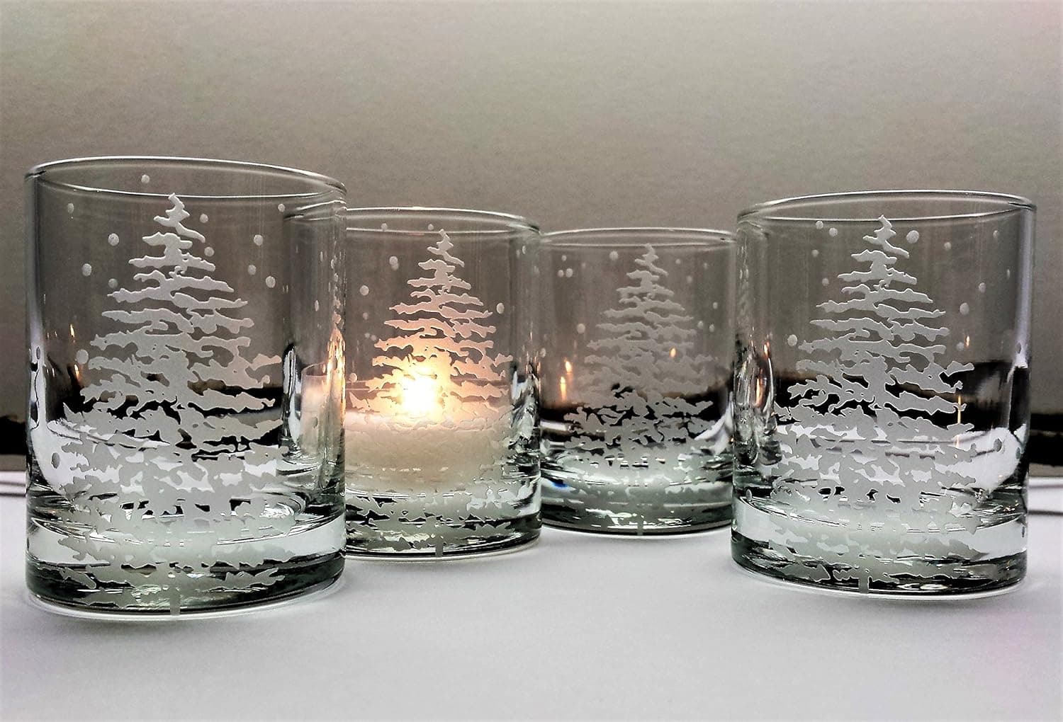 Fir Tree and Floating Flakes Votive Holder Set of Four Engraved Glass Candle Holders Winter Decor Holiday Home Candles