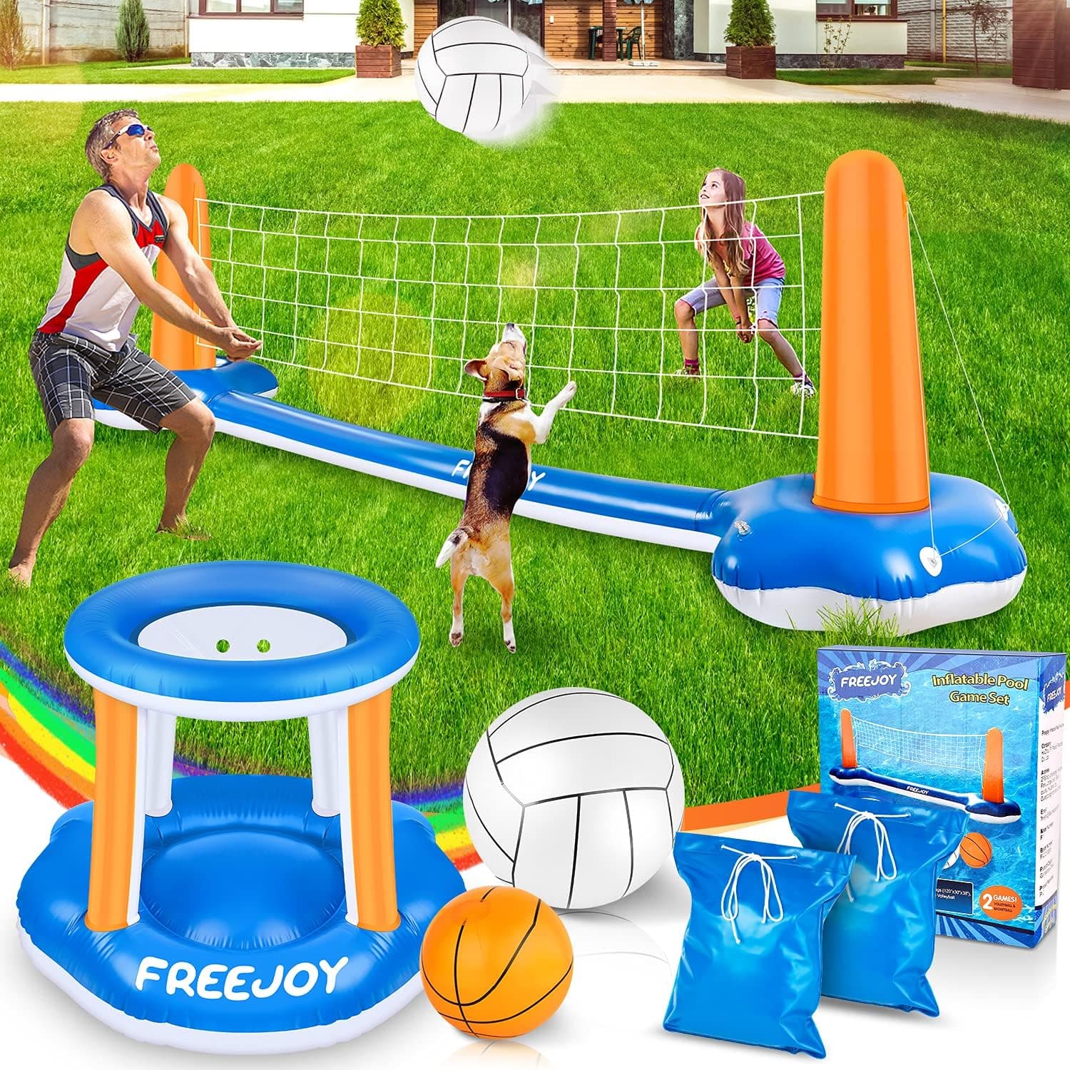 120'' Pool Volleyball Net & Basketball Hoop Set, 2 Balls Included for Teens and Adults Kids Swimming Pool Game Toys, Floating, Summer Floaties, Volleyball Court (120”x38”x30”)|Basketball (35”x27”x27”)