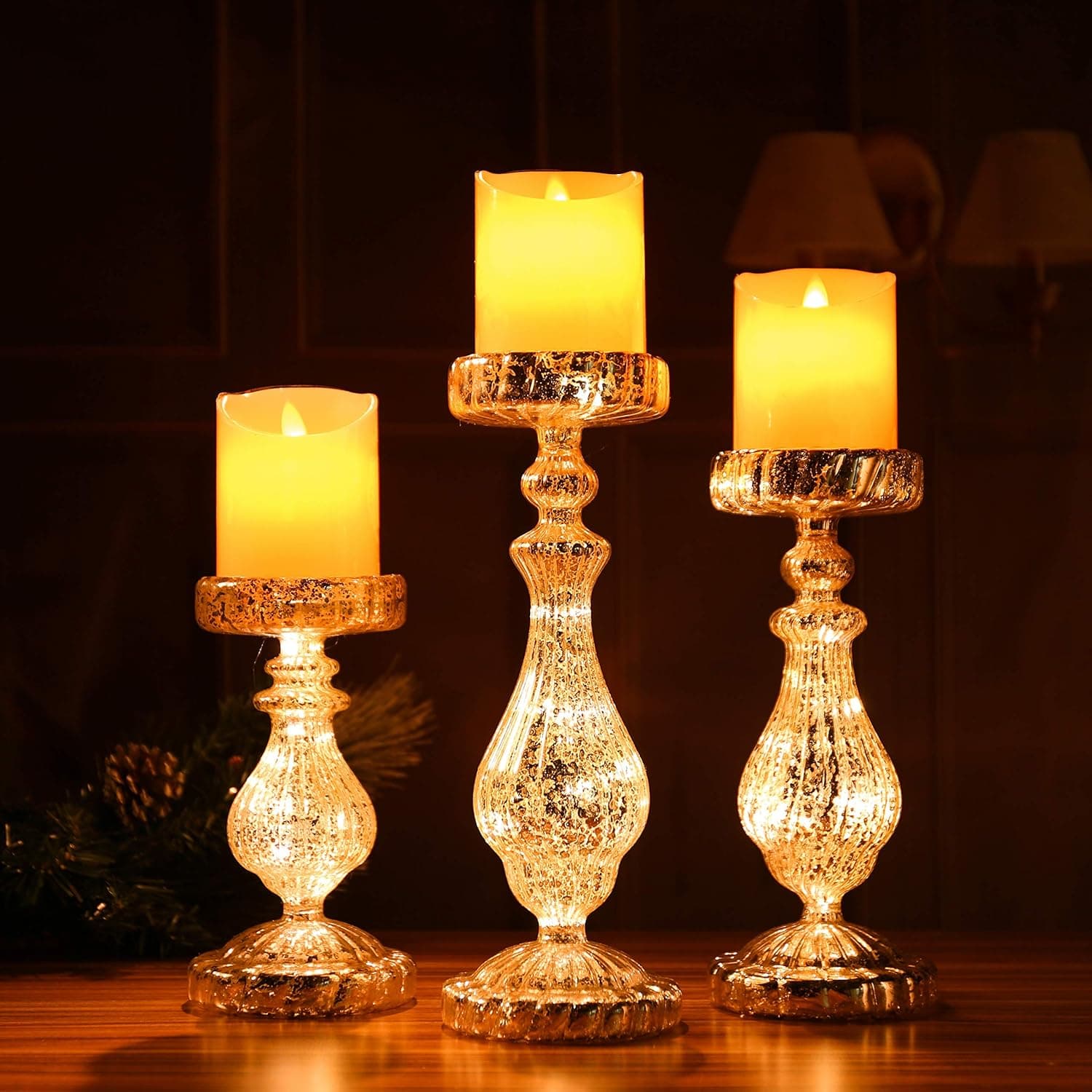 Candle Holders Set of 3 Christmas LED Handmade Glass Lighted Candle Holders Mercury Antique Silver Vintage Gift Present Ornament 3 Pieces Mouth Blown Decoration for Window Tabletop Mantel Shelf