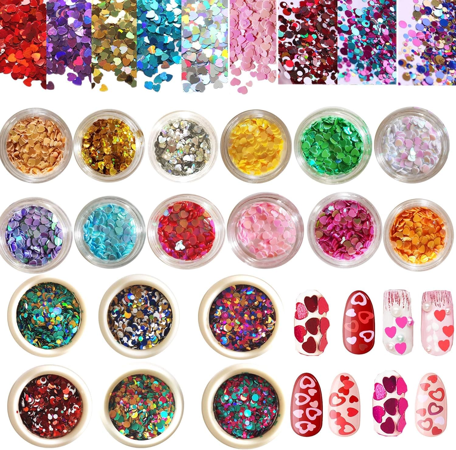 18 Box Heart Nail Glitter Sequins Set Include 12 Colors Holographic Heart Shaped Sequins, 6 Colors Dot Nail Art Sequins - Valentine's Day Nail Decorations, Eye Face Phone DIY