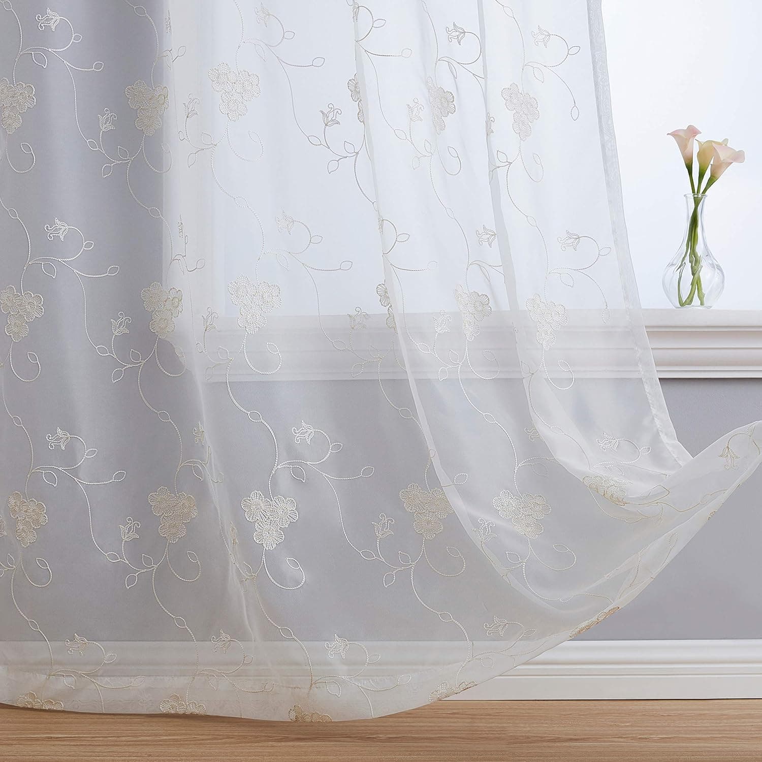 HLC.ME Allegra Floral Vine Embroidered Sheer Voile See Through Light Filtering Short Window Curtain Drapery Rod Pocket Top Panels for Kitchen & Dining Room, Set of 2 (54 W x 63 L, Ivory Cream)