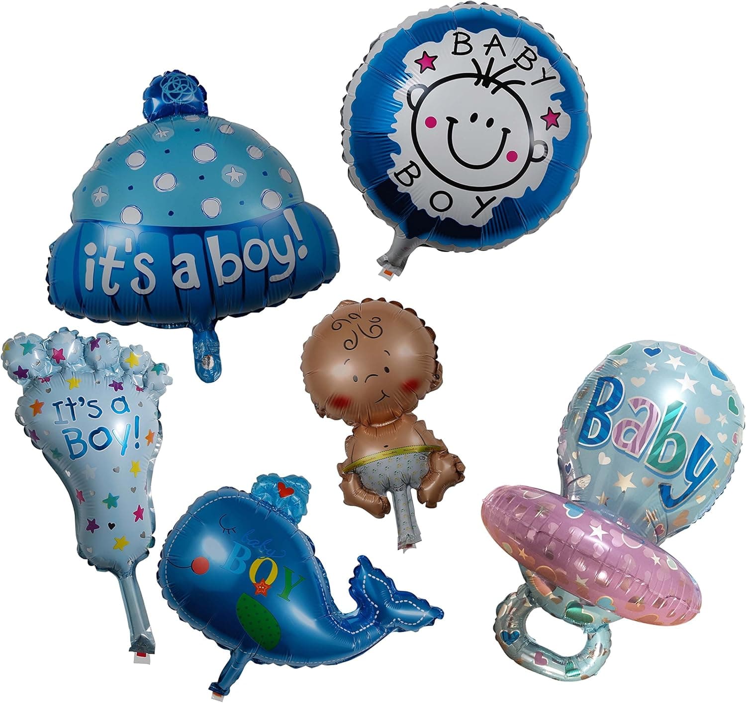 Qurly Newborn Baby Boy Shower Kit Balloon - Set of 6 Cute Favour Foil Mylar Helium Cute Kid Foot Pacifier Round Happy Boy Whale Cupcake Idea for Blue Party Anniversary Invitation Photography Décor