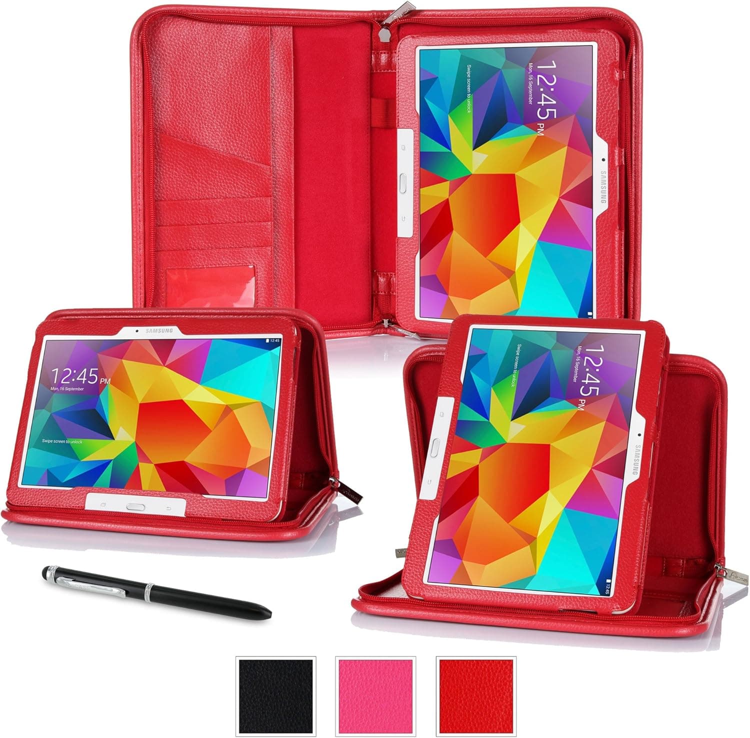 rooCASE Samsung Galaxy Tab 4 10.1 Case - Executive Portfolio Leather 10.1-Inch 10.1" Cover with Landscape, Portrait, Typing Stand, Hand Strap - Red (With Auto Wake / Sleep Cover)