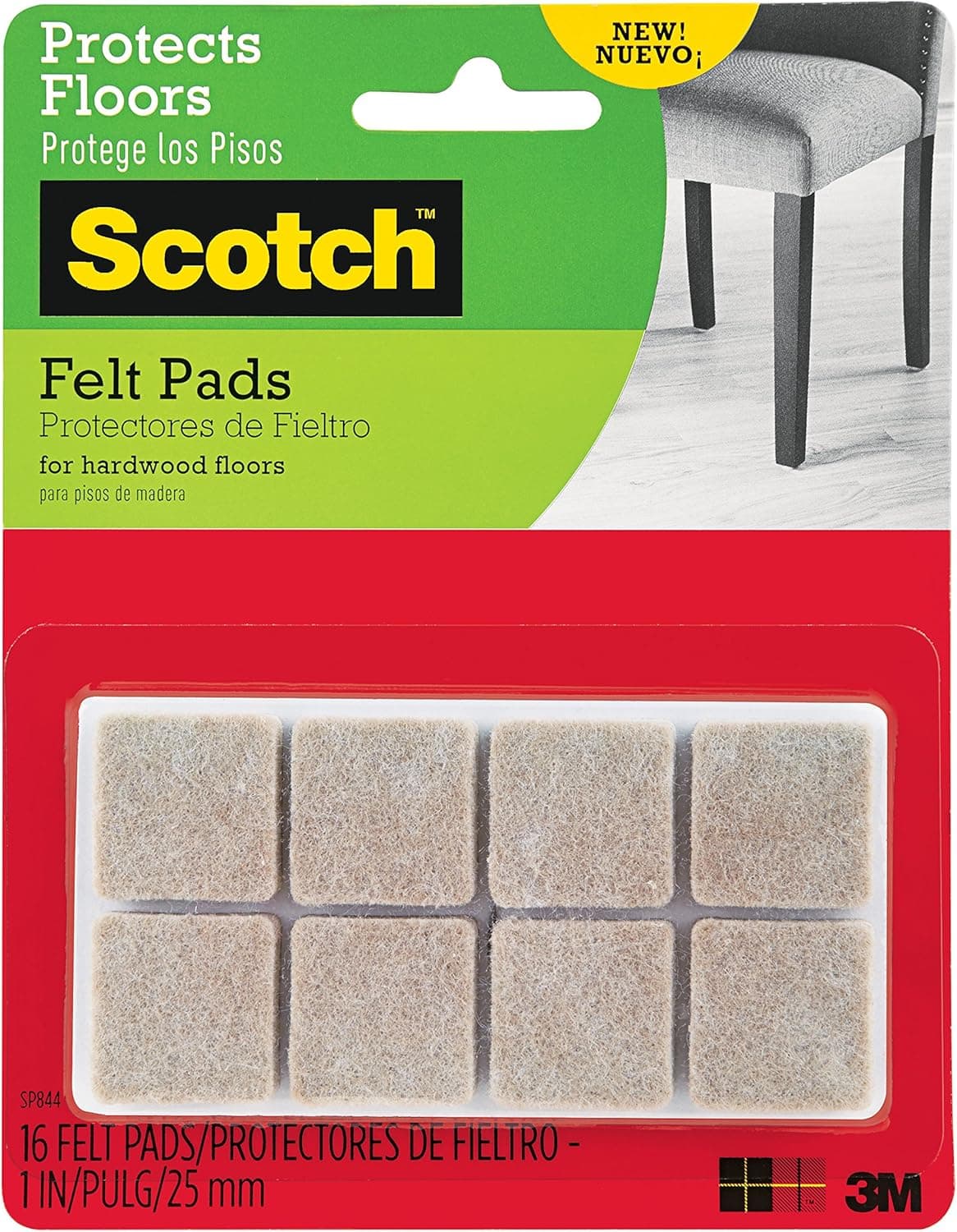 Scotch Brand Felt Pads, Great for protecting floors, Square, Beige, 1 in. x 1 in., 16 Pads/Pack, 6-Packs (96 Total)