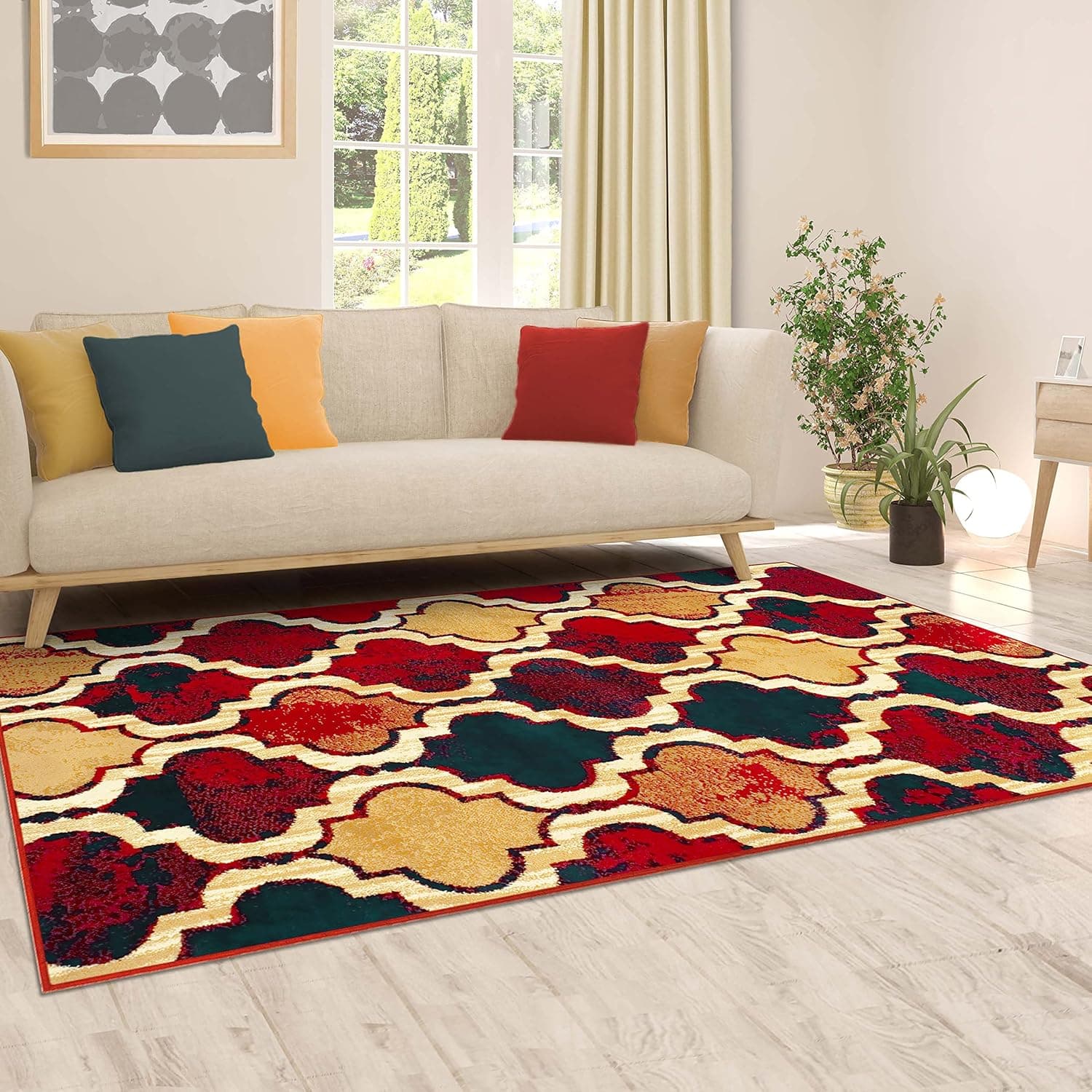 Superior Indoor Area Rug, Jute Backed, Perfect For Living/ Dining Room, Bedroom, Office, Kitchen, Entryway, Modern Geometric Trellis Floor Decor, Viking Collection, 4' x 6', Red Blue