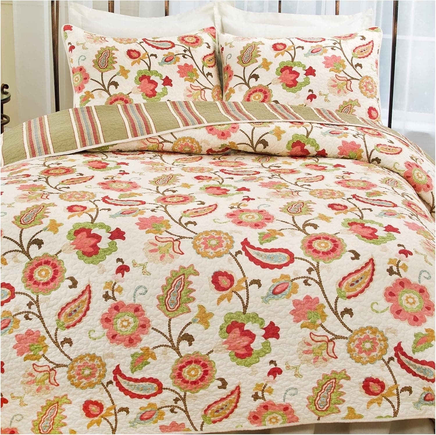 Tapestry Rose Reversible Quilt Set, Bright Abstract Floral Pattern, 2-Piece Set with Quilt and Pillow Sham - Twin, Tapestry Rose
