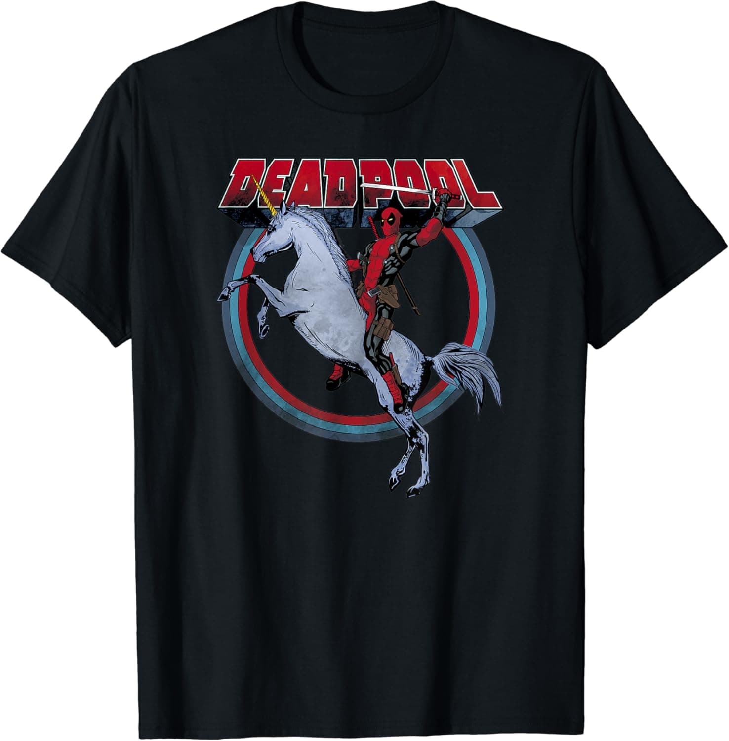 Marvel Deadpool Merc Riding A Unicorn Rainbow Circle T-Shirt