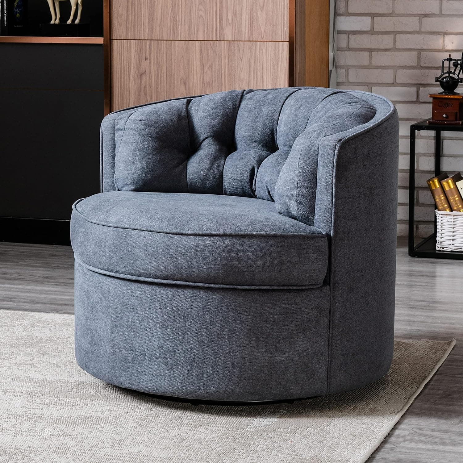 Merax 33” Wide 360-Degree Swivel Round Barrel Chair, Comfy Tufted Back Fabric Accent Leisure Chair for Bedroom, Living Room, Hotel, Grey